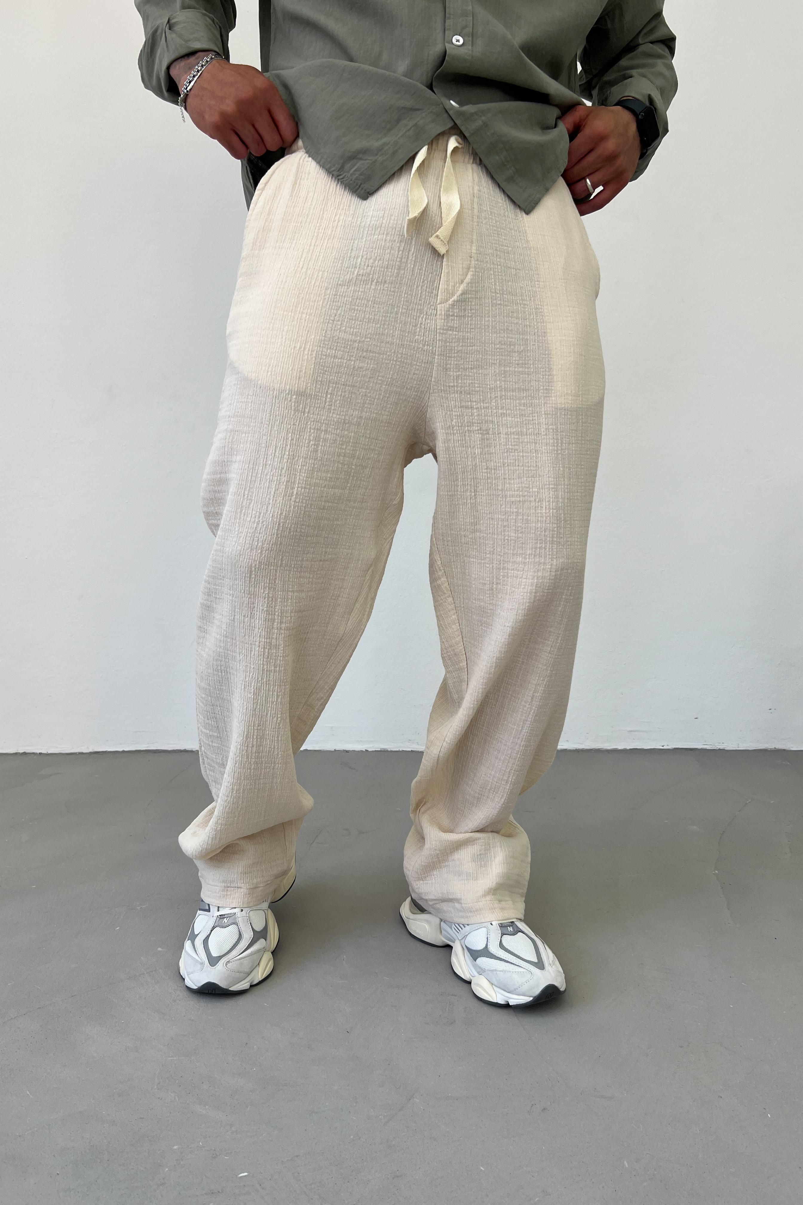 Müslin Kumaş Basic Baggy Pantolon E80-14 - Bej