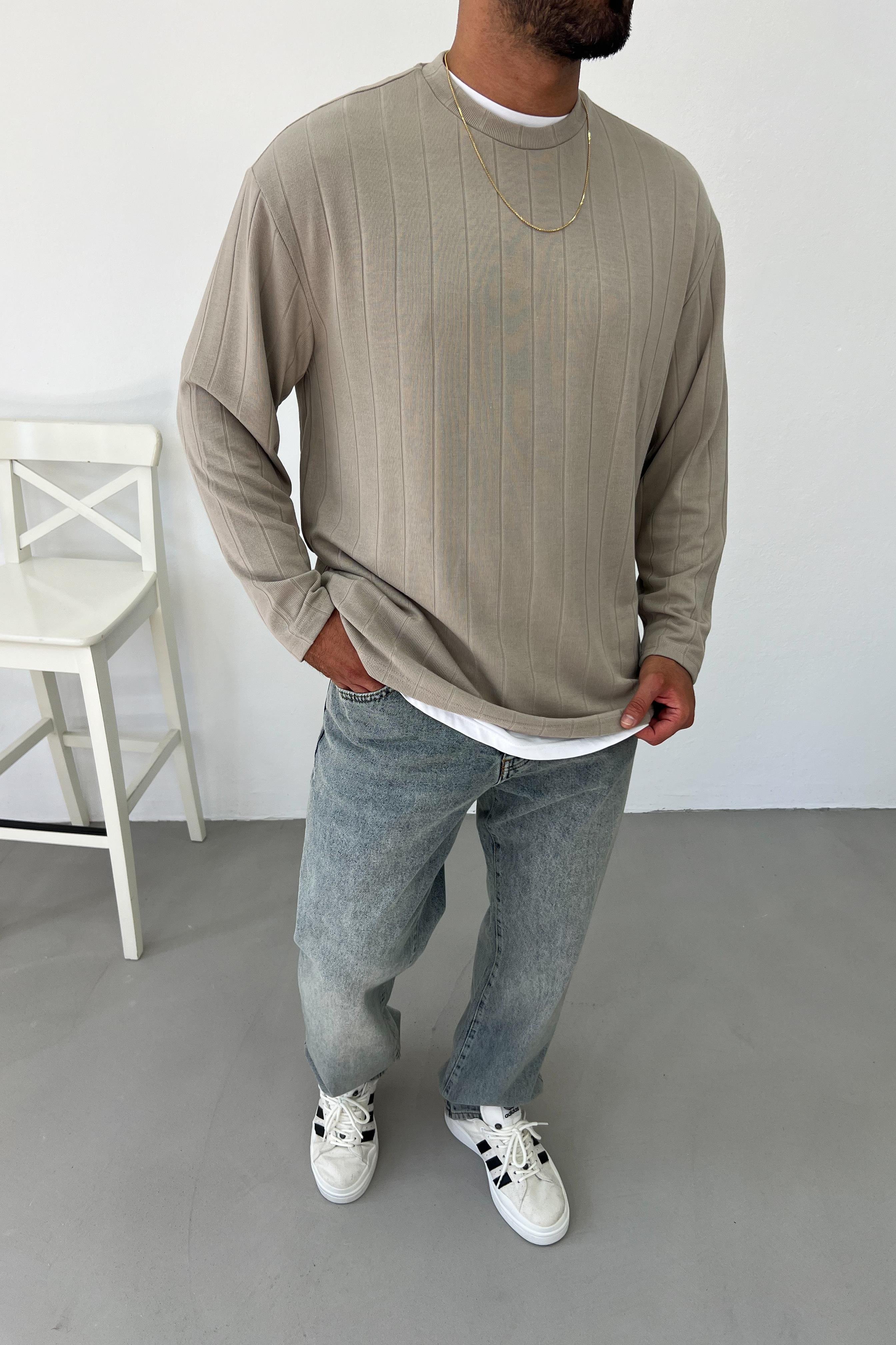 İnce Çizgili Bej Basic Oversize Sweatshirt 1593