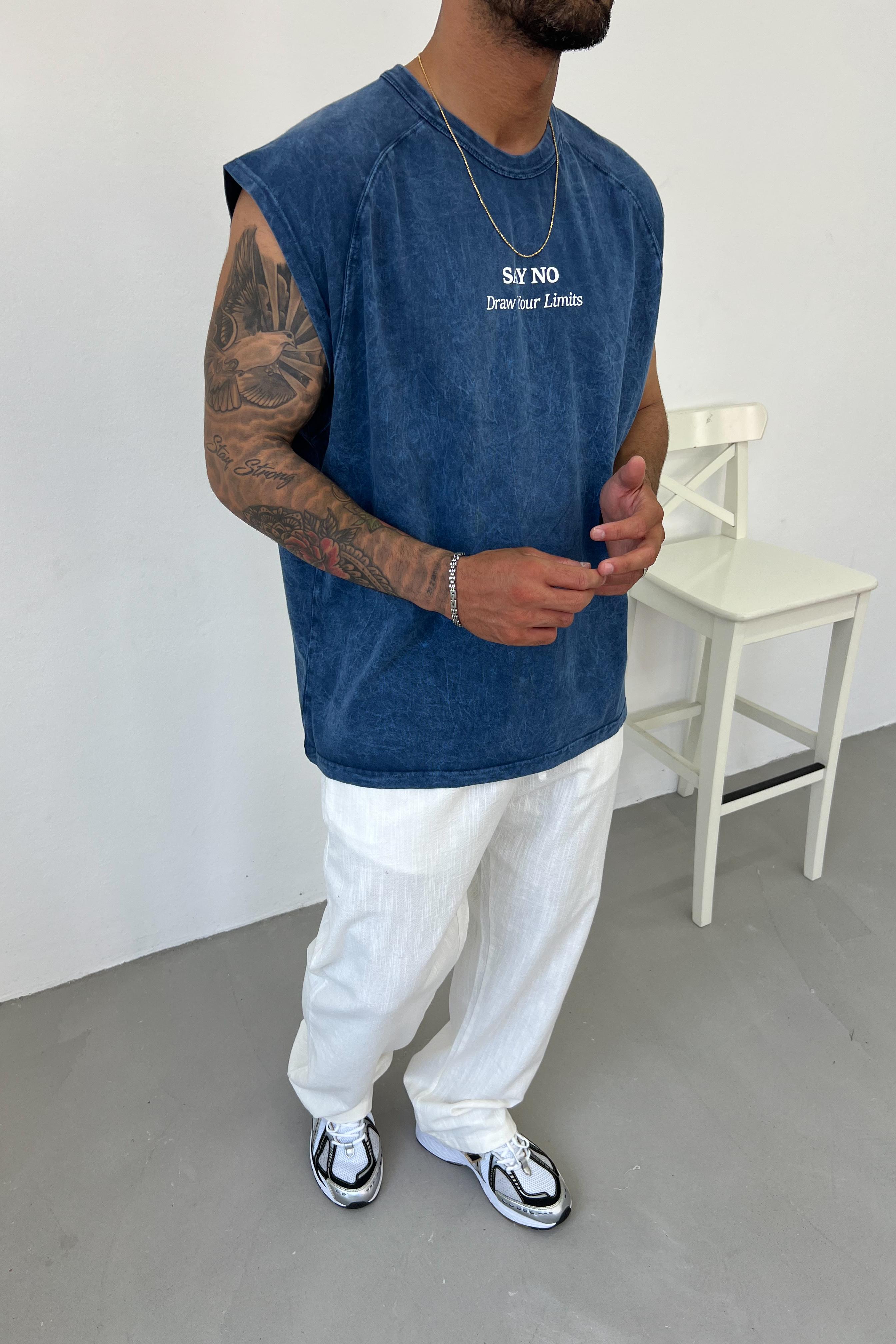 Say No Baskılı Yıkamalı Kolsuz Oversize Tshirt 25Y278 - Mavi