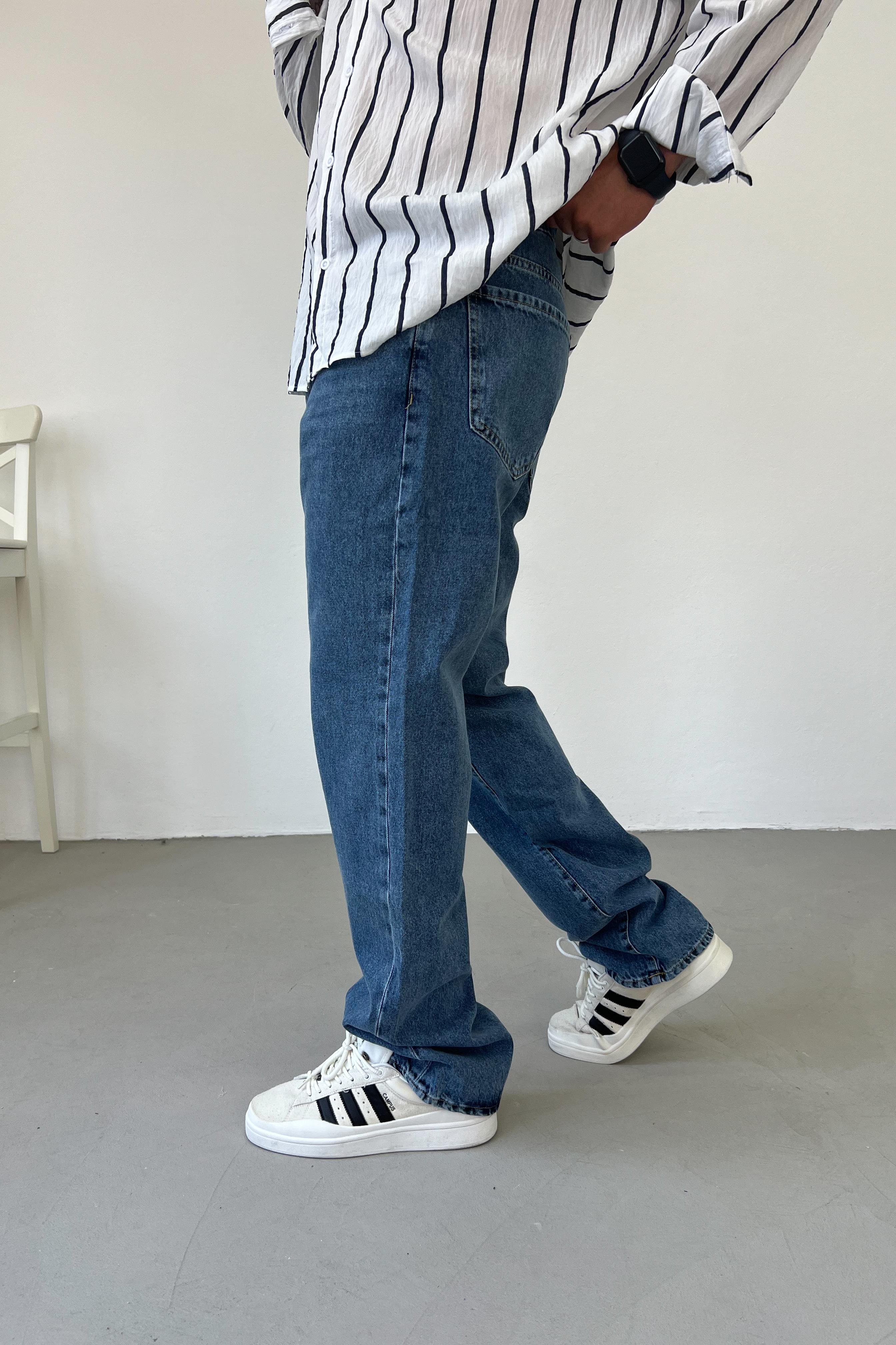 Yıkamalı Mavi Baggy Pantolon 16323-4
