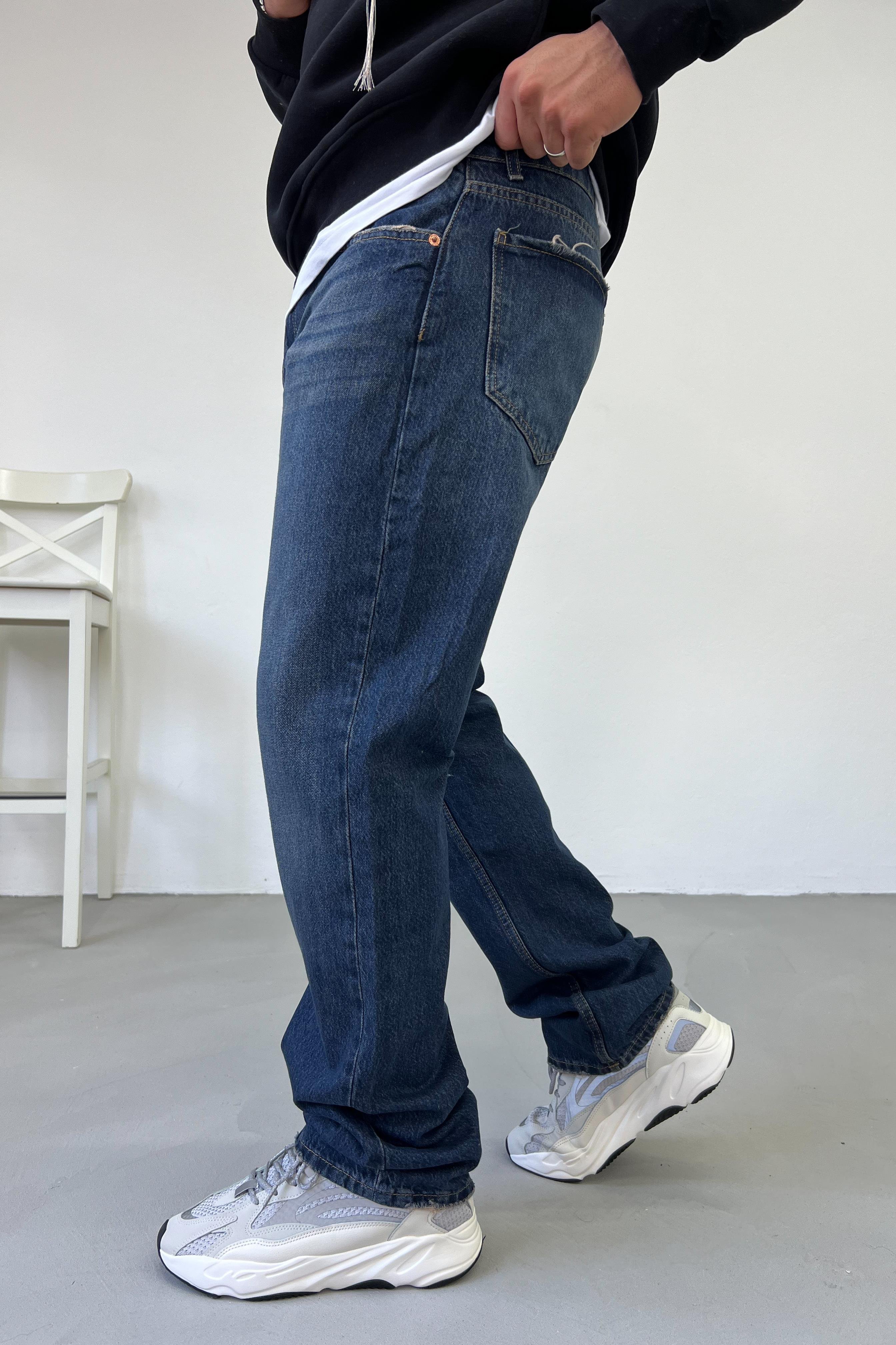 Taşlamalı Koyu Mavi Baggy Pantolon 16567-4