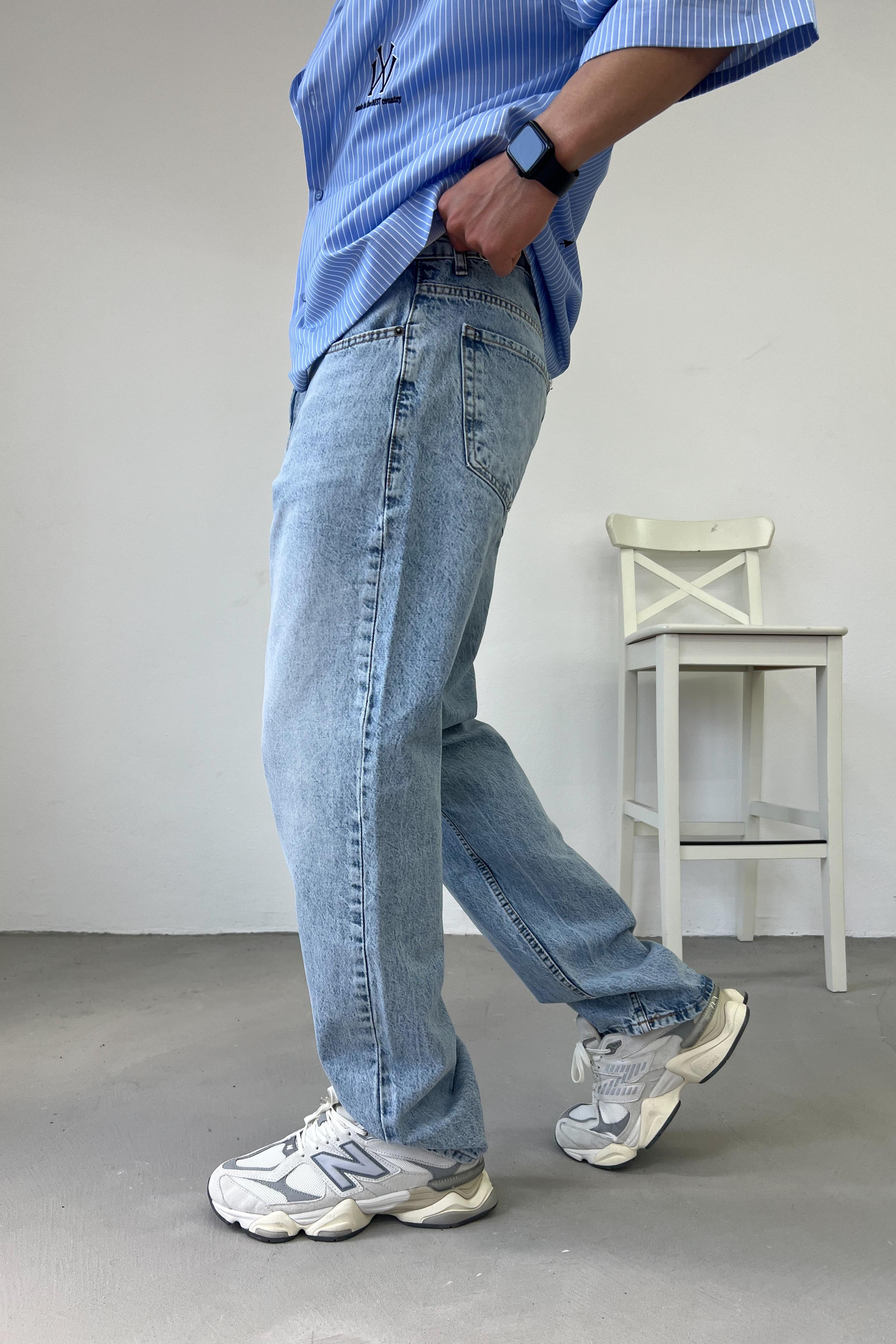 Taşlamalı Buz Mavi Baggy Pantolon 7342