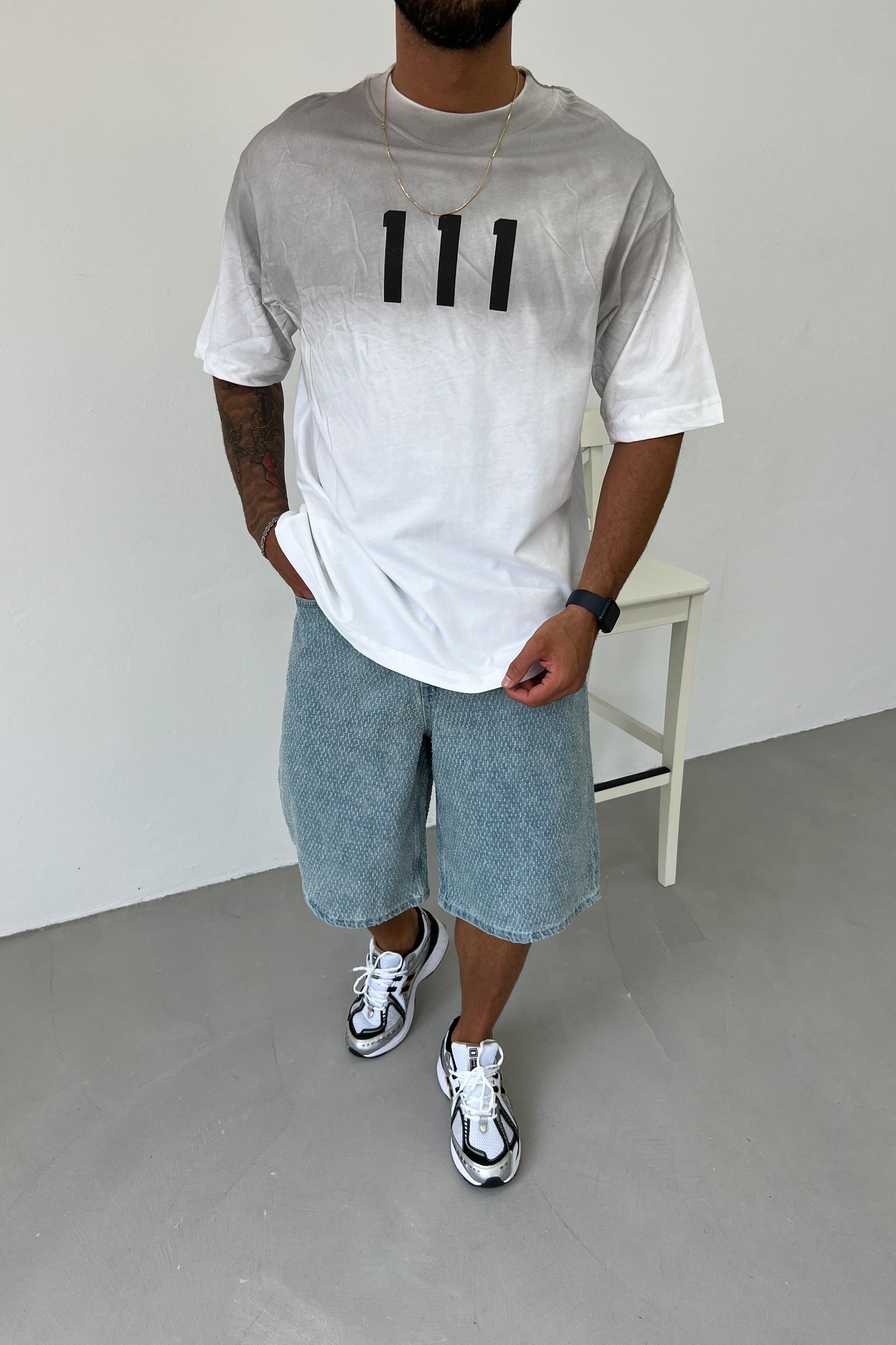 111 Baskılı Oversize Tshirt C050 - Ekru