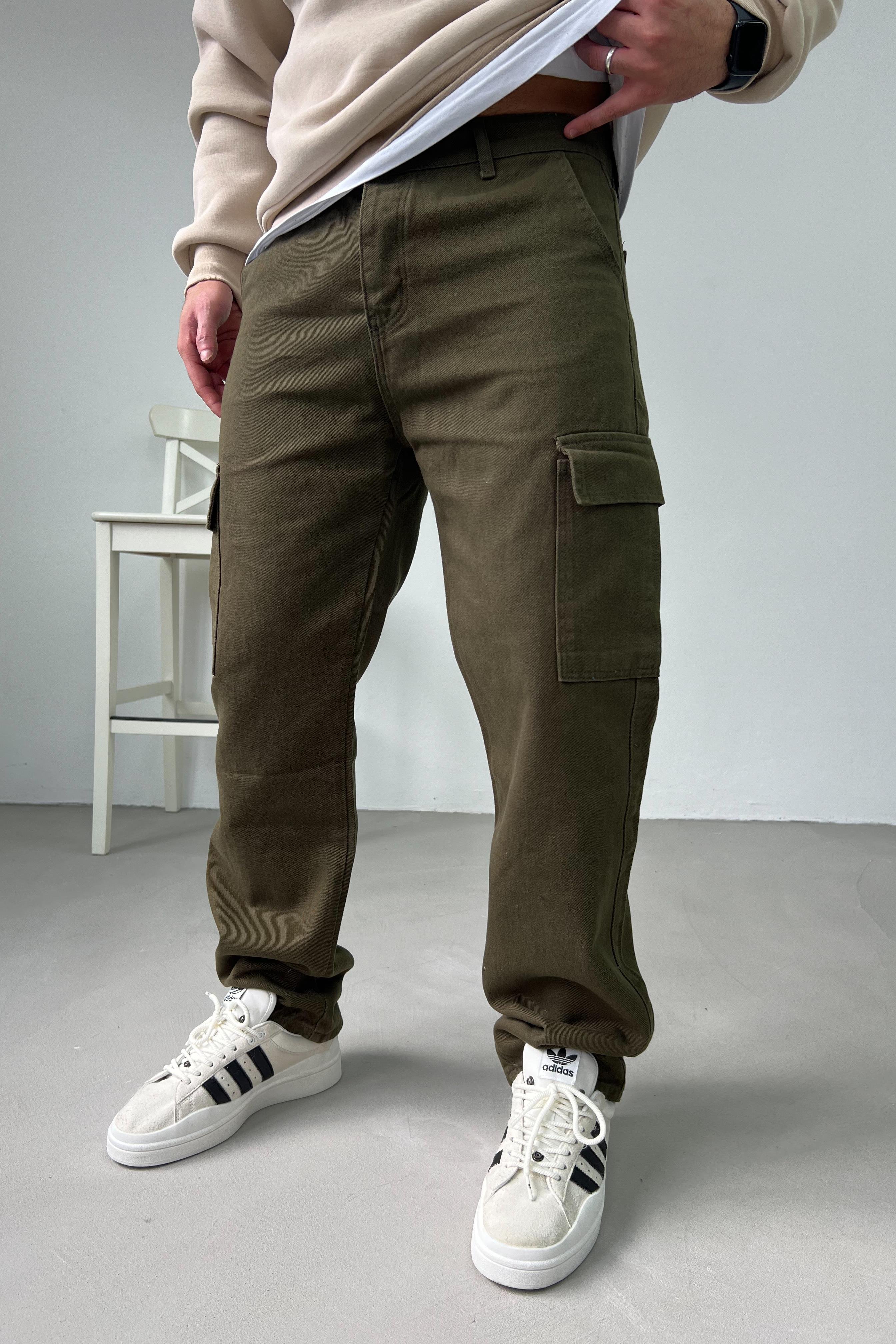 Gabardin Kumaş Haki Kargo Baggy Pantolon 2225