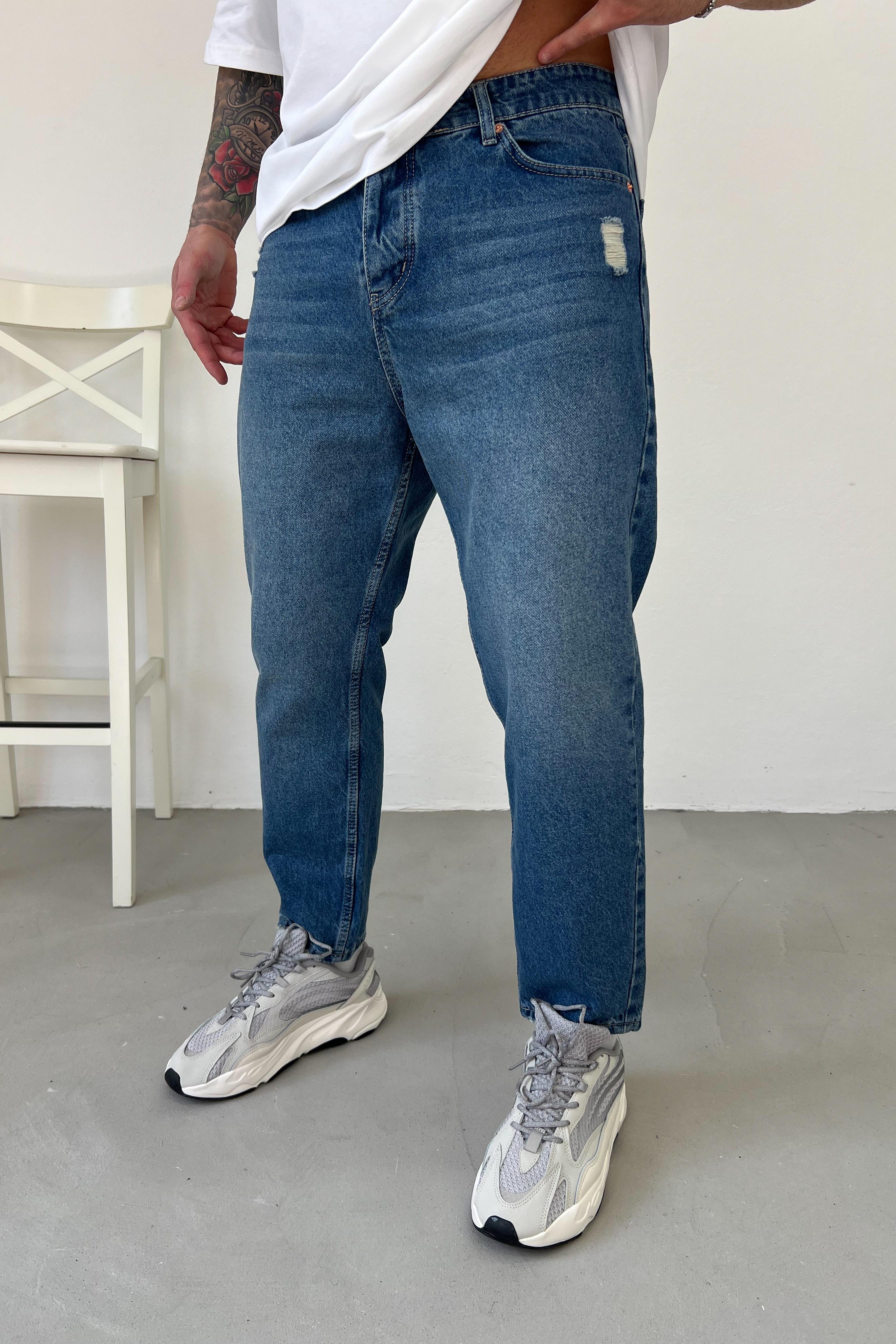 Yırtık Detaylı Taşlamalı Mavi Boyfriend Pantolon 2707-4