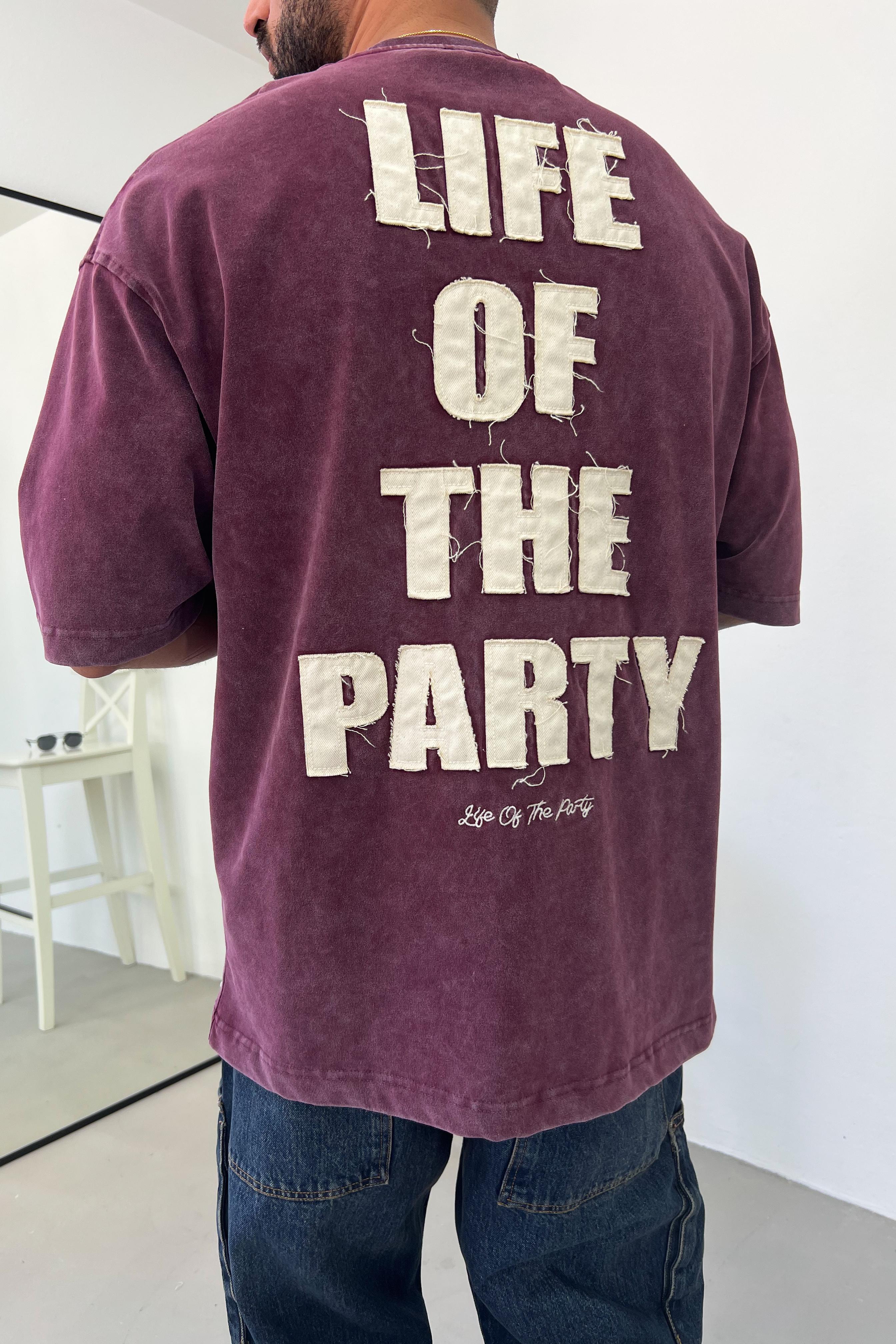 Life Of Party Nakışlı Yıkamalı Oversize Tshirt E71-29 - Bordo