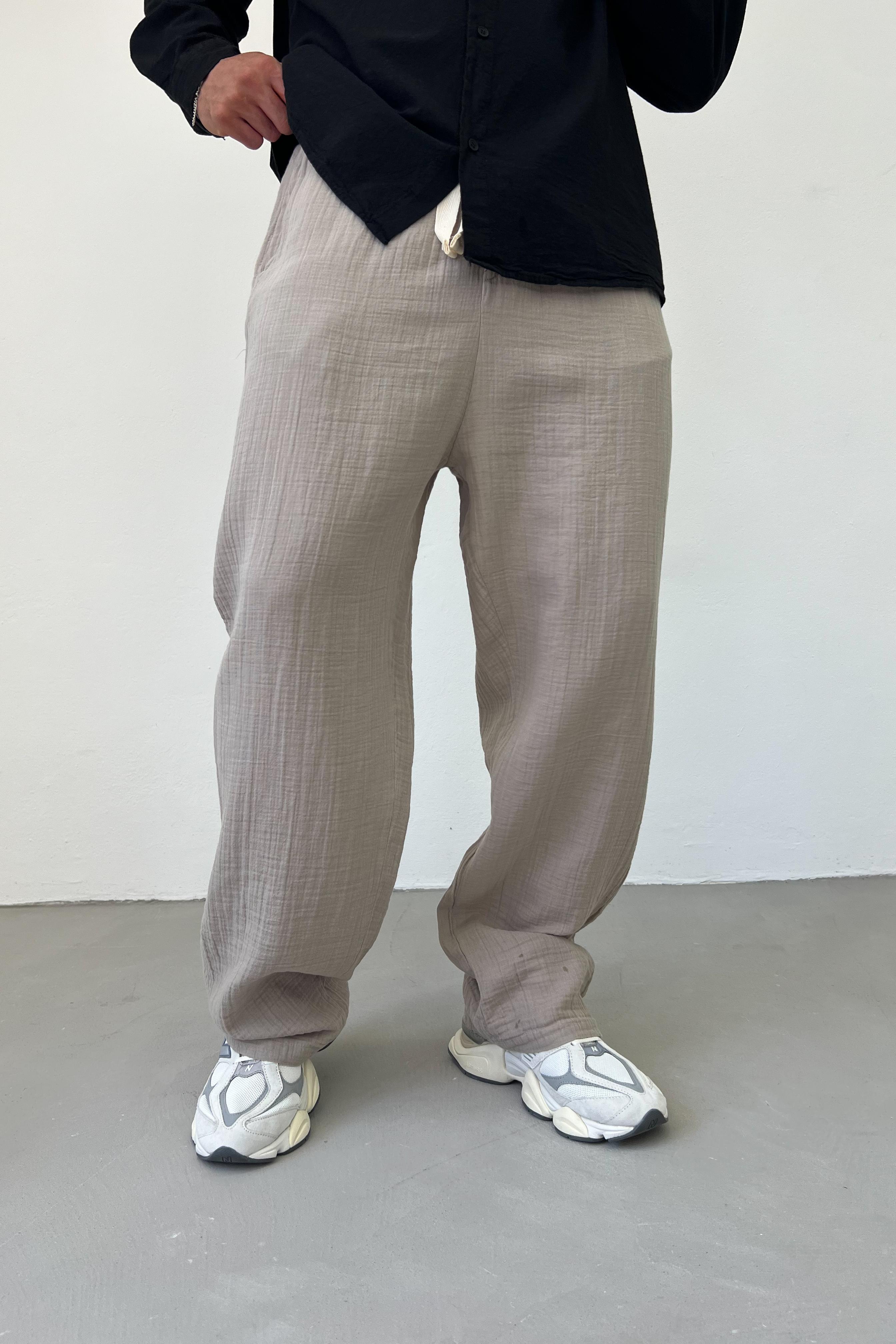 Müslin Kumaş Basic Baggy Pantolon E80-14 - Vizon