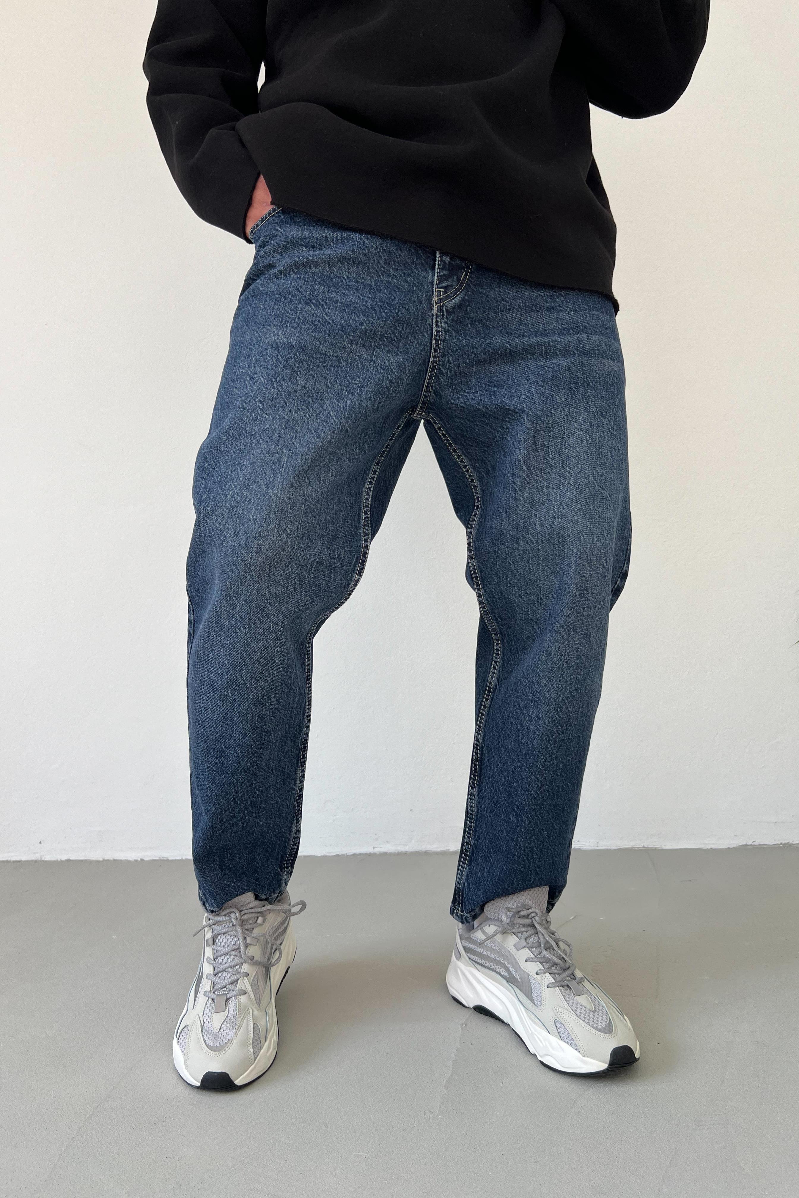 Taşlamalı Koyu Lacivert Boyfriend Pantolon 2797-1