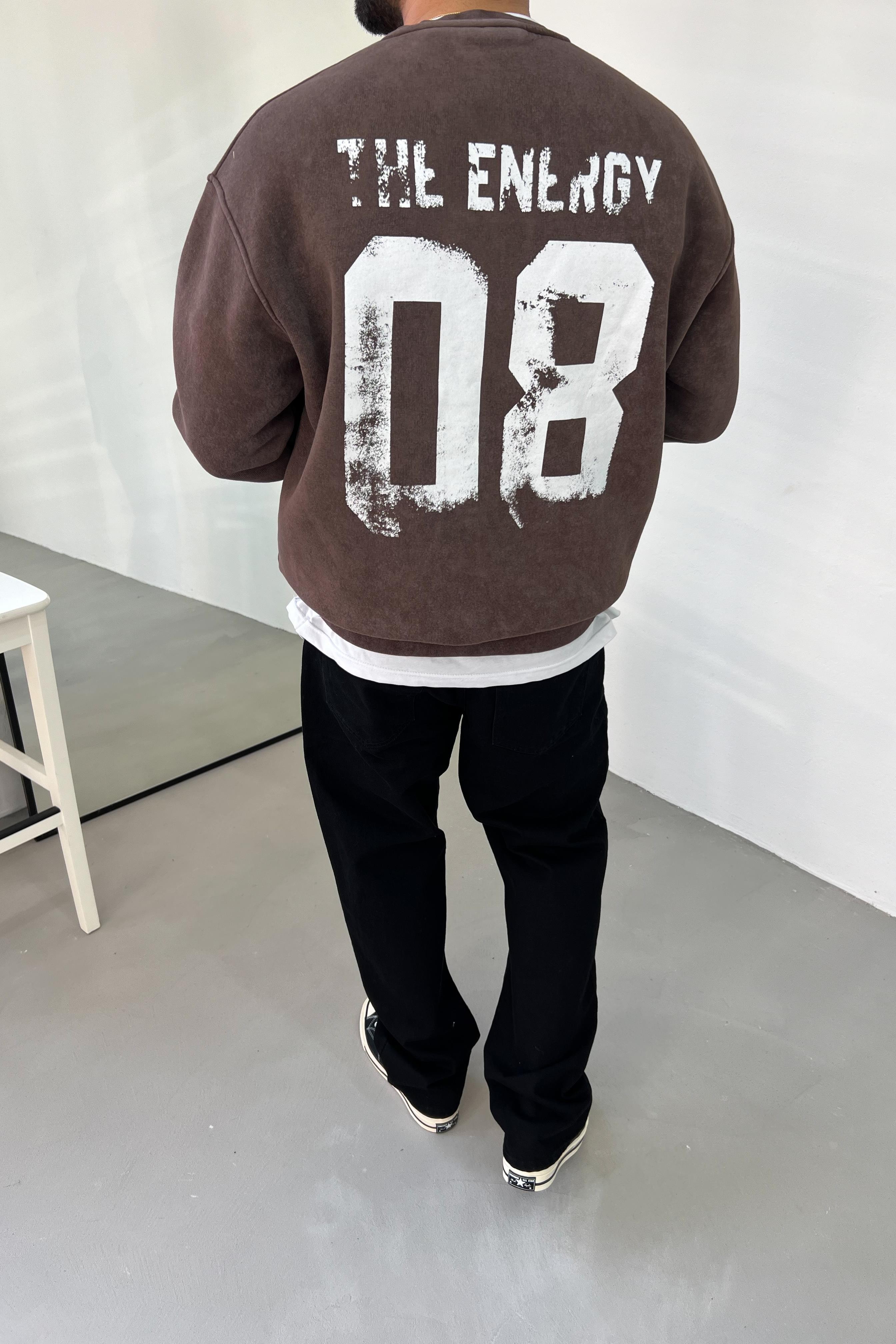 08 Baskılı Yıkamalı Kahve Oversize Sweatshirt 48