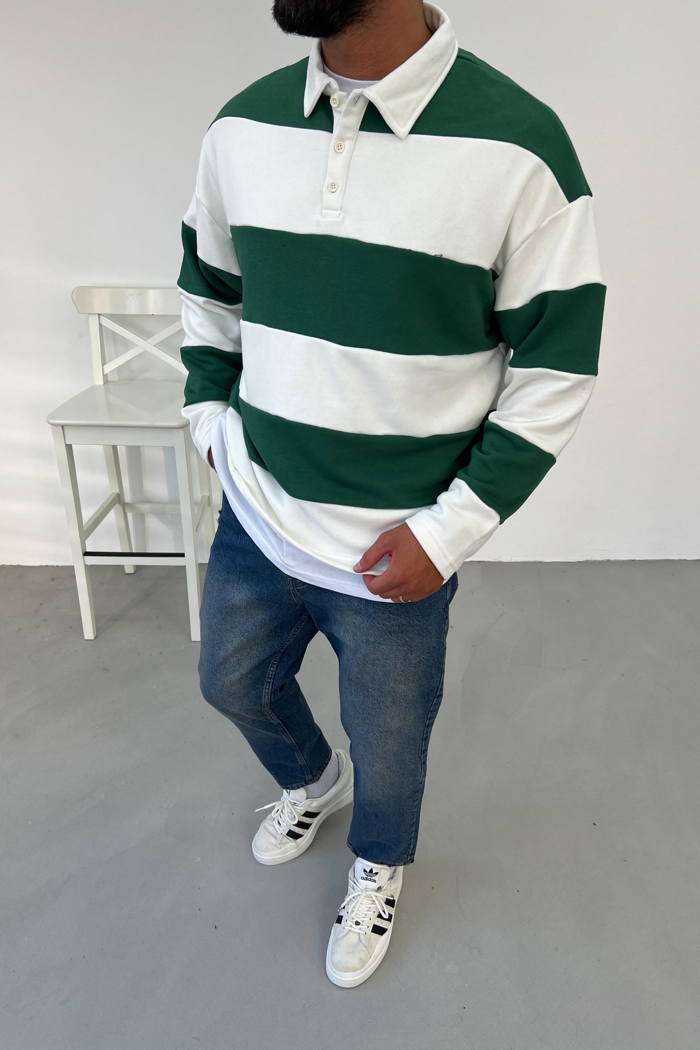 Yeşil Parçalı Polo Yaka Oversize Sweatshirt 09