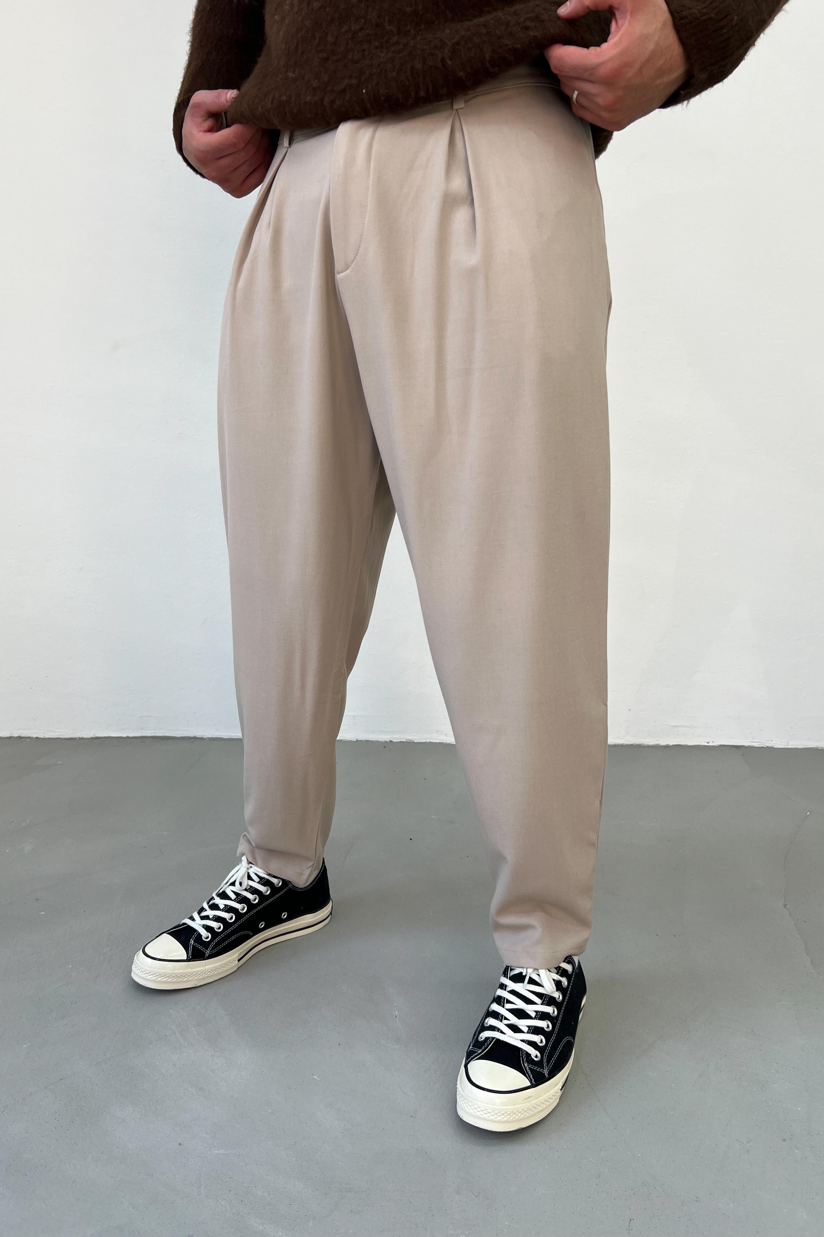 Pileli Bej Boyfriend Kumaş Pantolon 5029