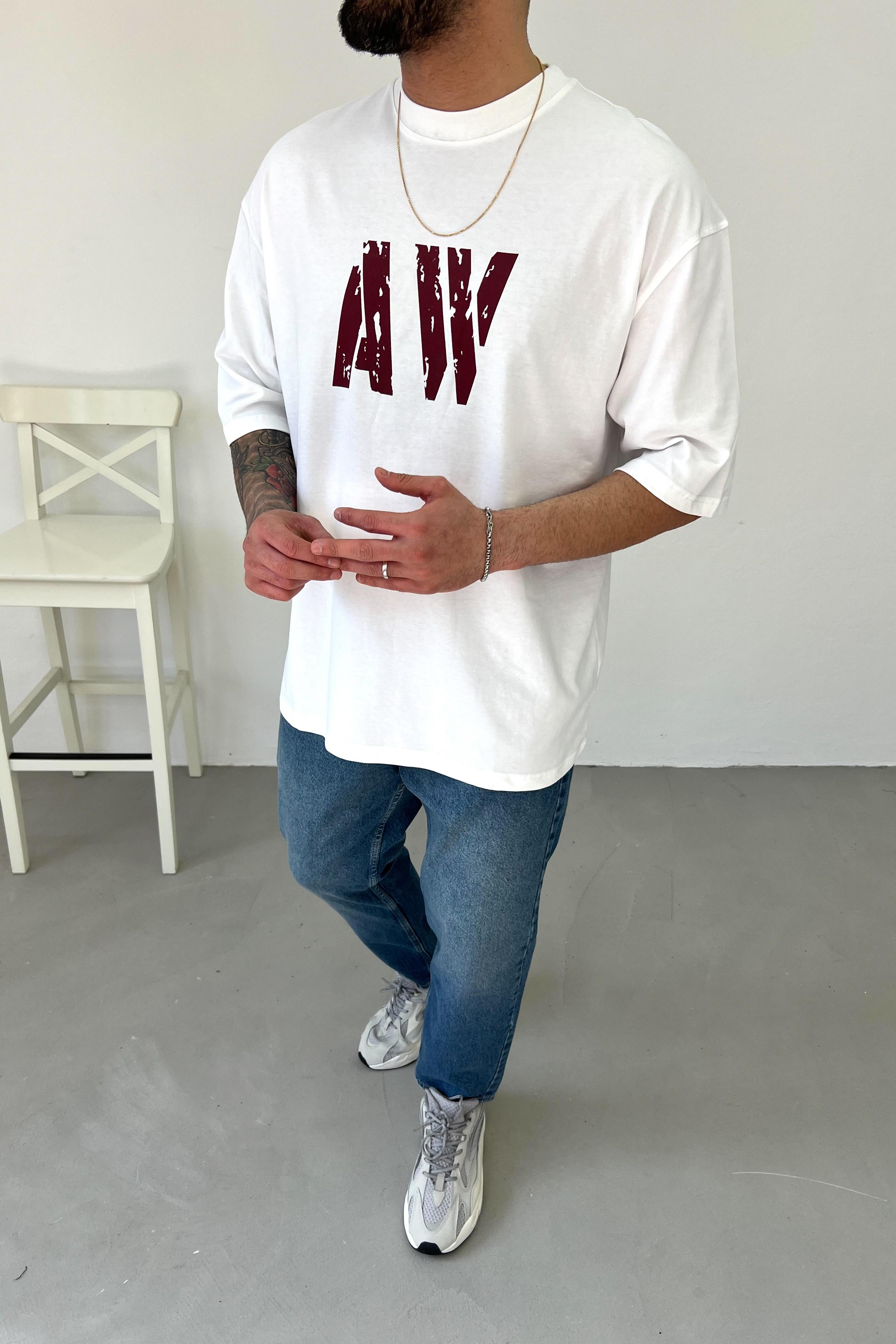 AW Baskılı Oversize Tshirt 2510 - Beyaz