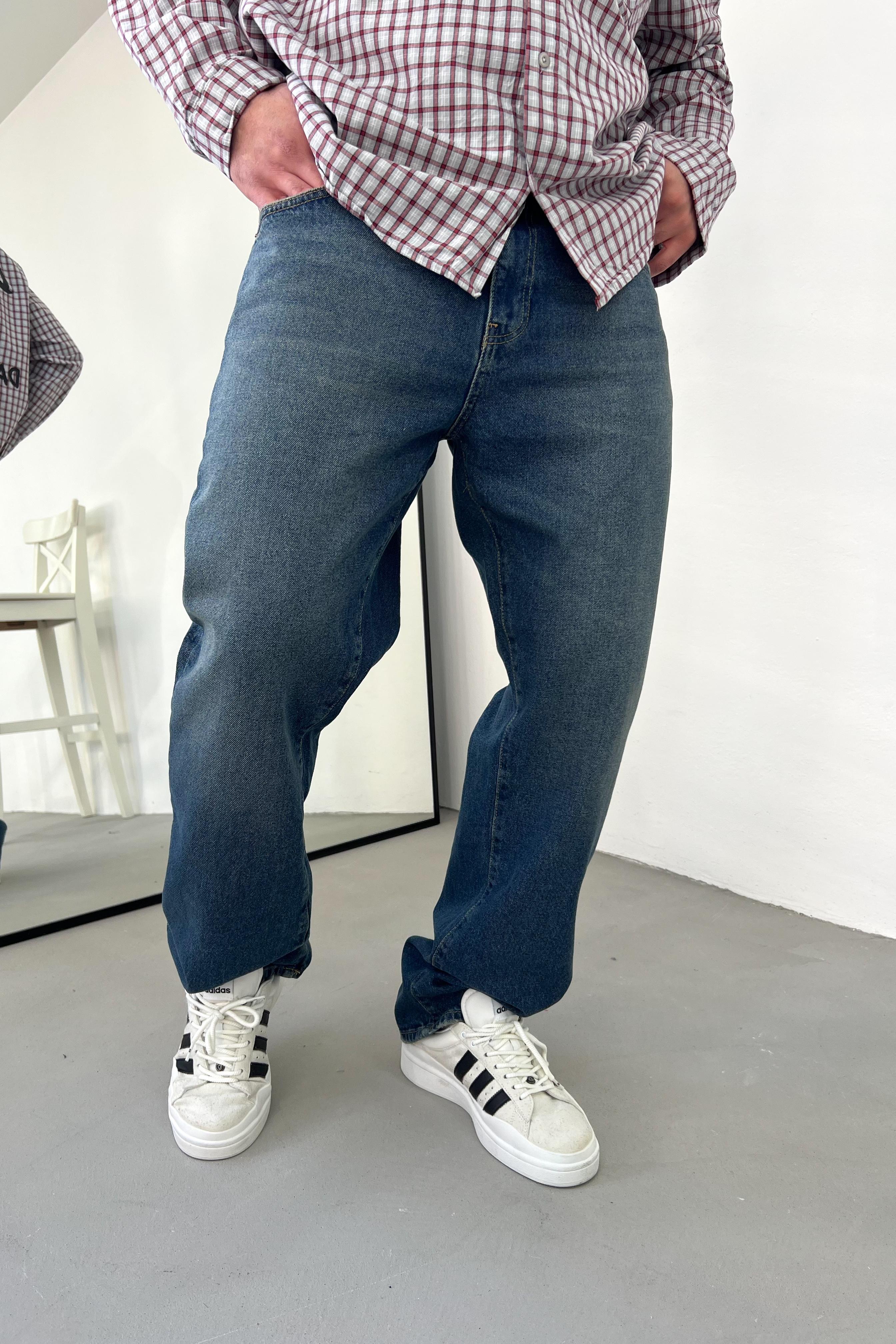 Eskitme Detaylı Mavi Baggy Pantolon 16606-STD