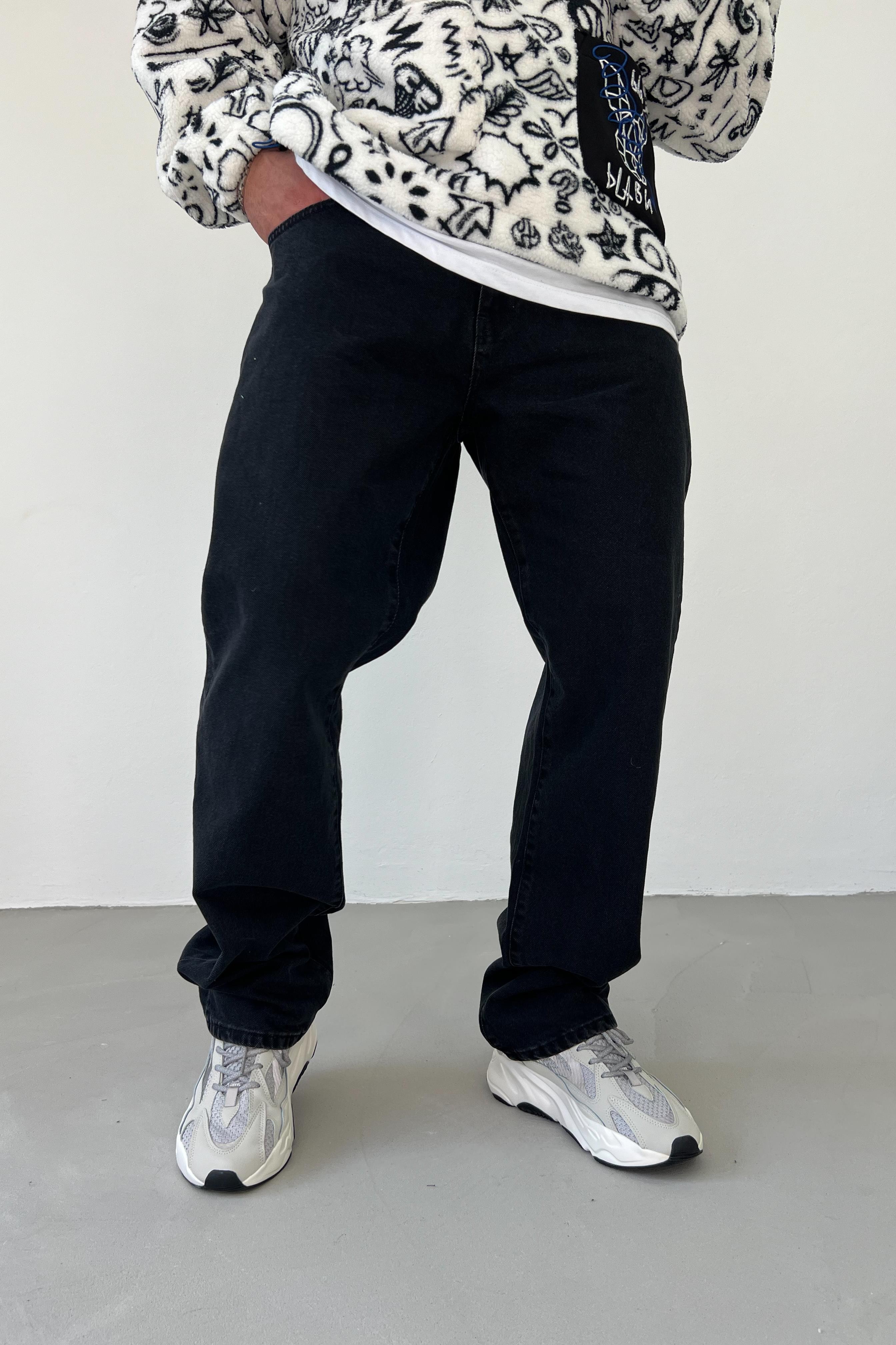 Yıkamalı Siyah Baggy Pantolon 16583-2