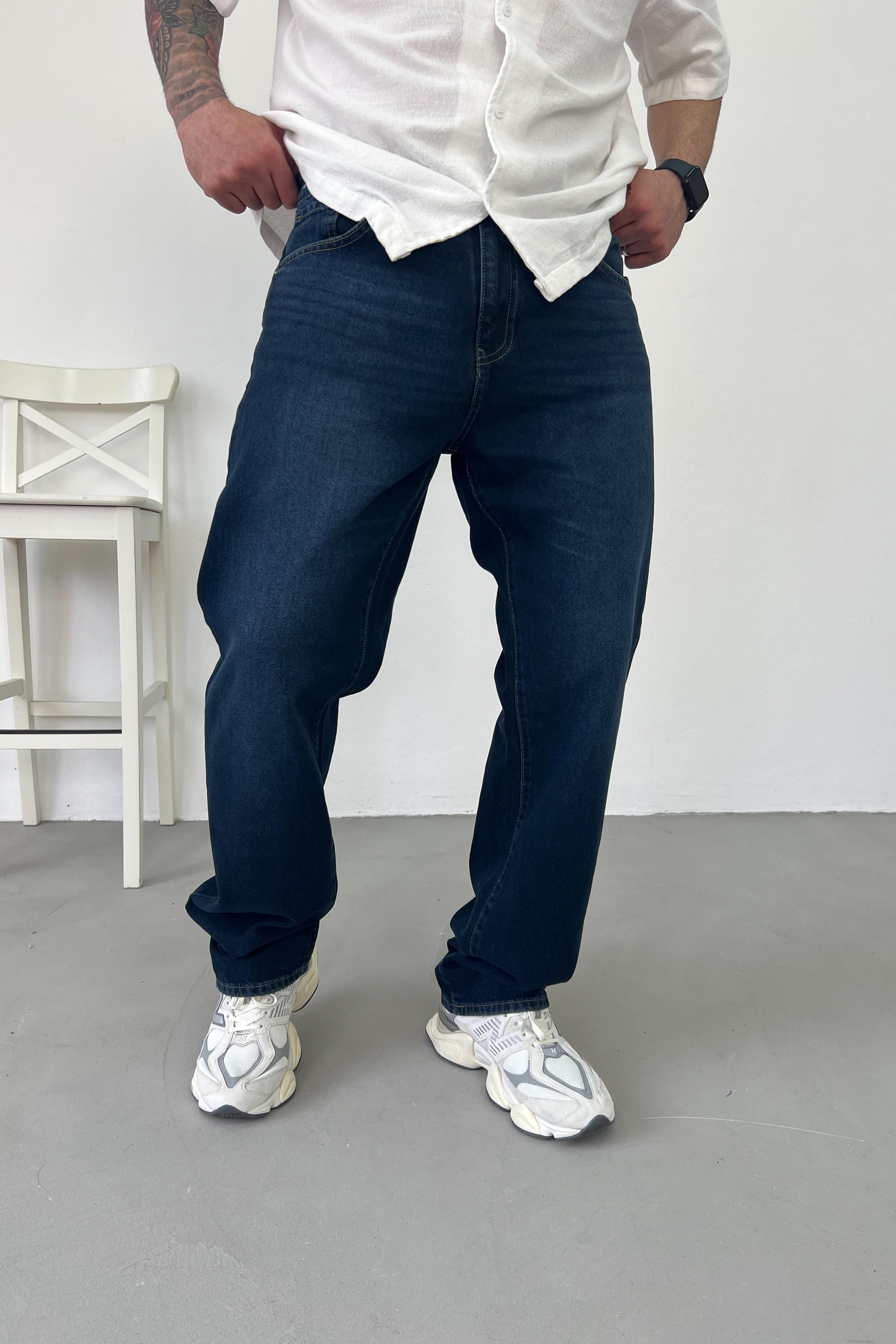 Taşlamalı Koyu Mavi Baggy Pantolon 16668-1
