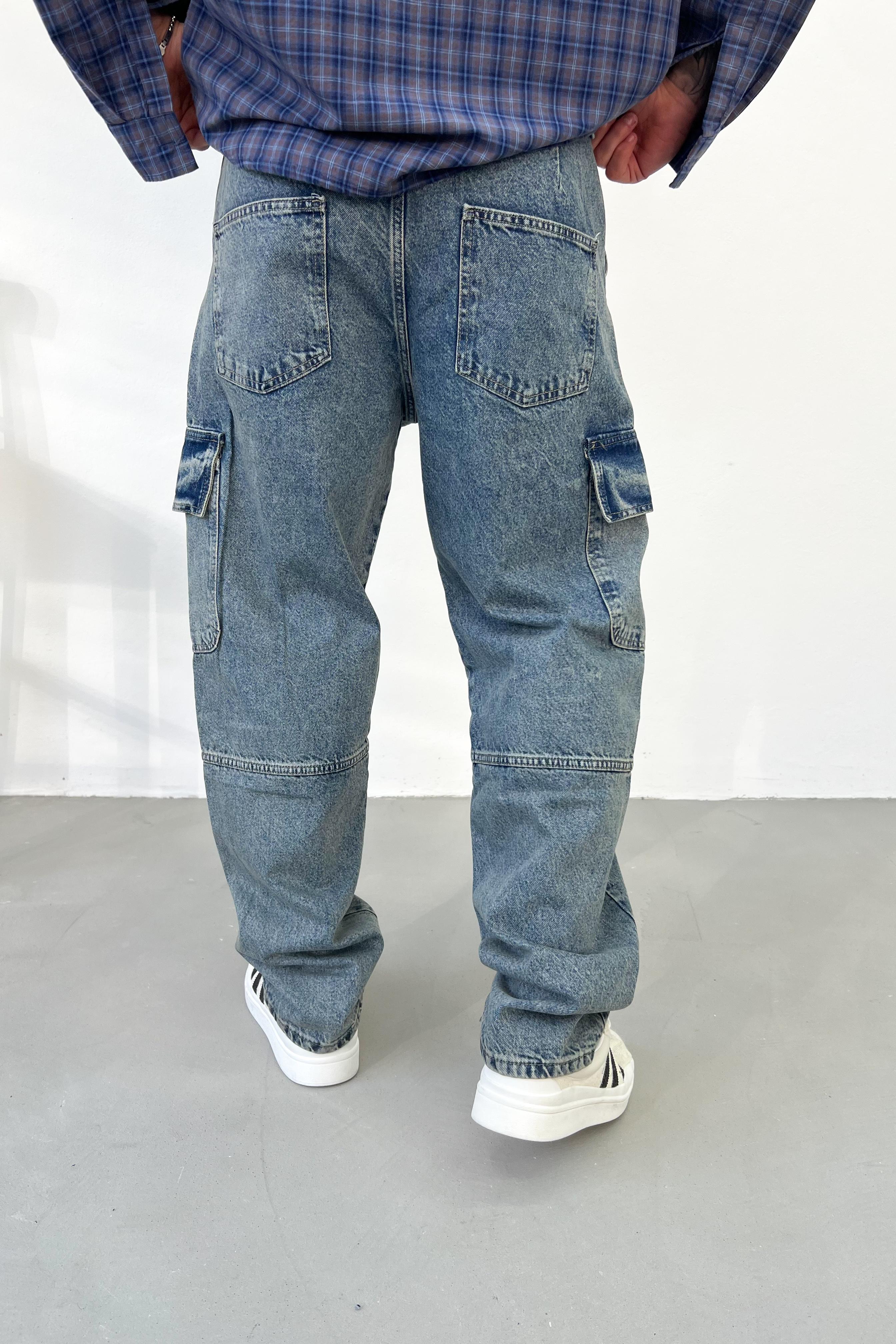 Eskitme Detaylı Mavi Kargo Baggy Pantolon 2841