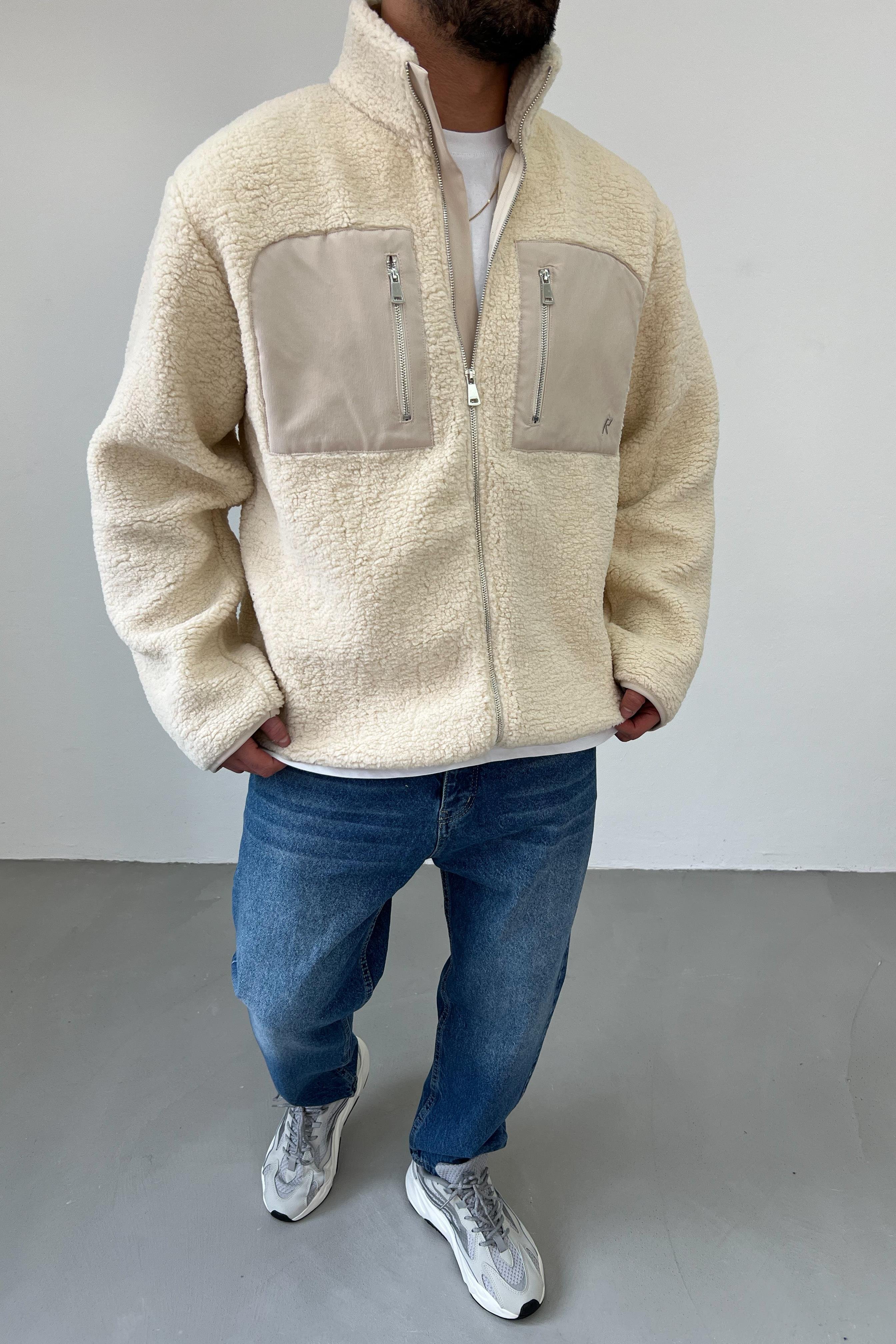 Çift Cepli Bej Oversize Peluş Ceket 5071