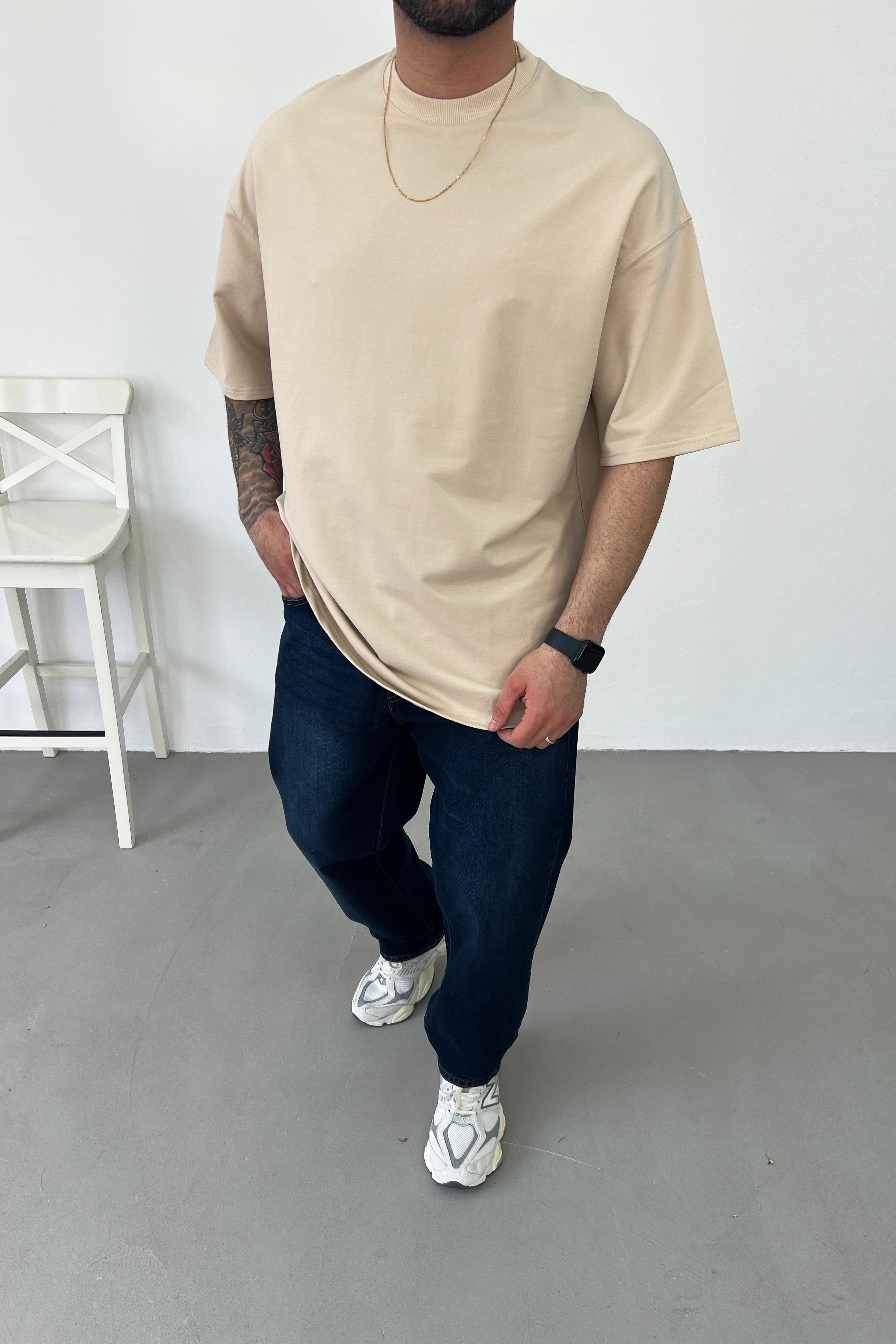 2 İplik Oval Oversize Basic Tshirt 2540 - Bej