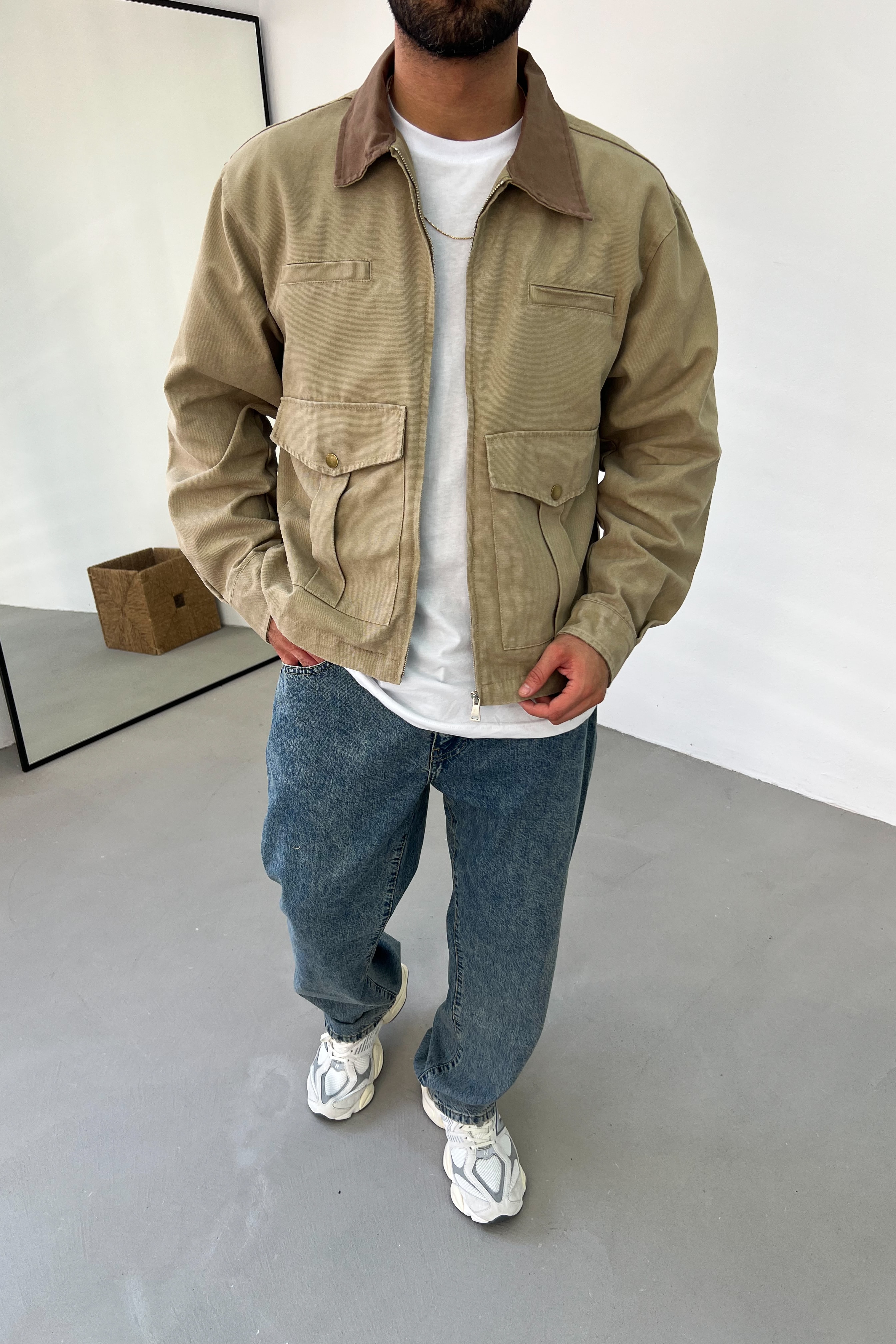 Yıkamalı Gabardin Oversize Ceket 110-07 - Bej
