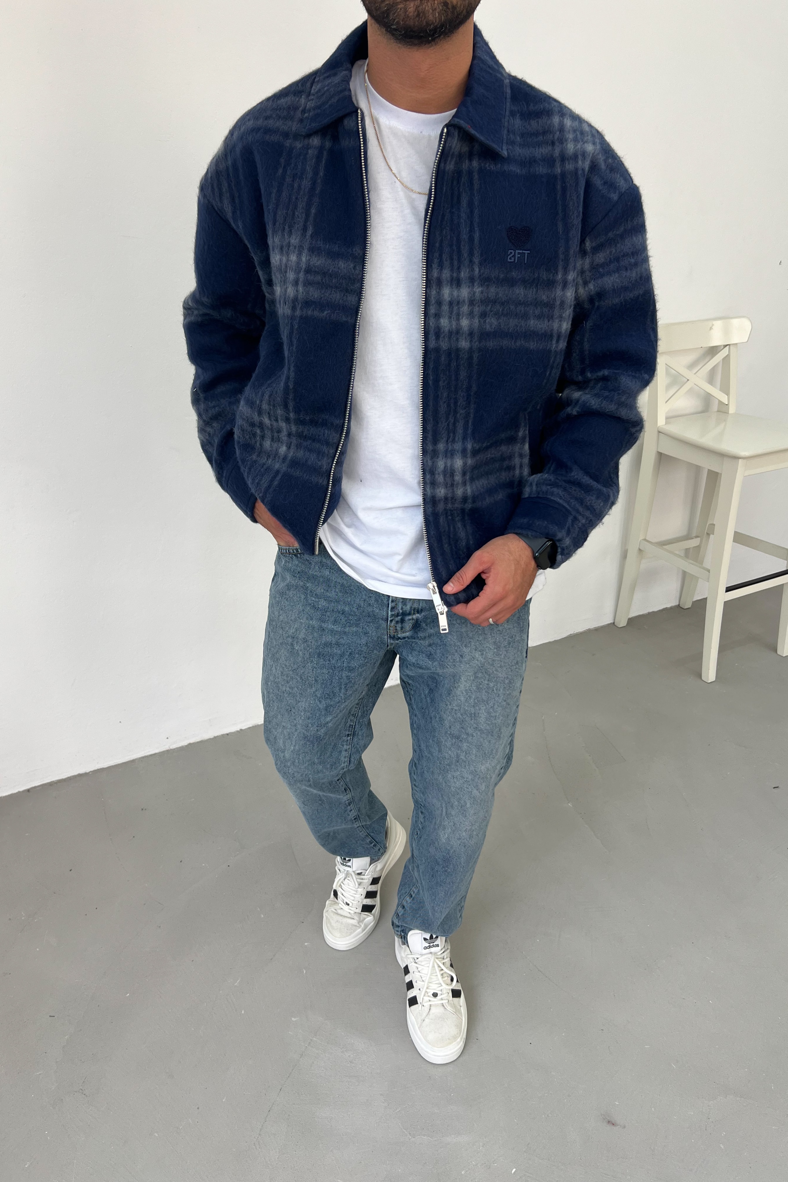 Oversize Ekose Kaşe Ceket 7030 - Lacivert