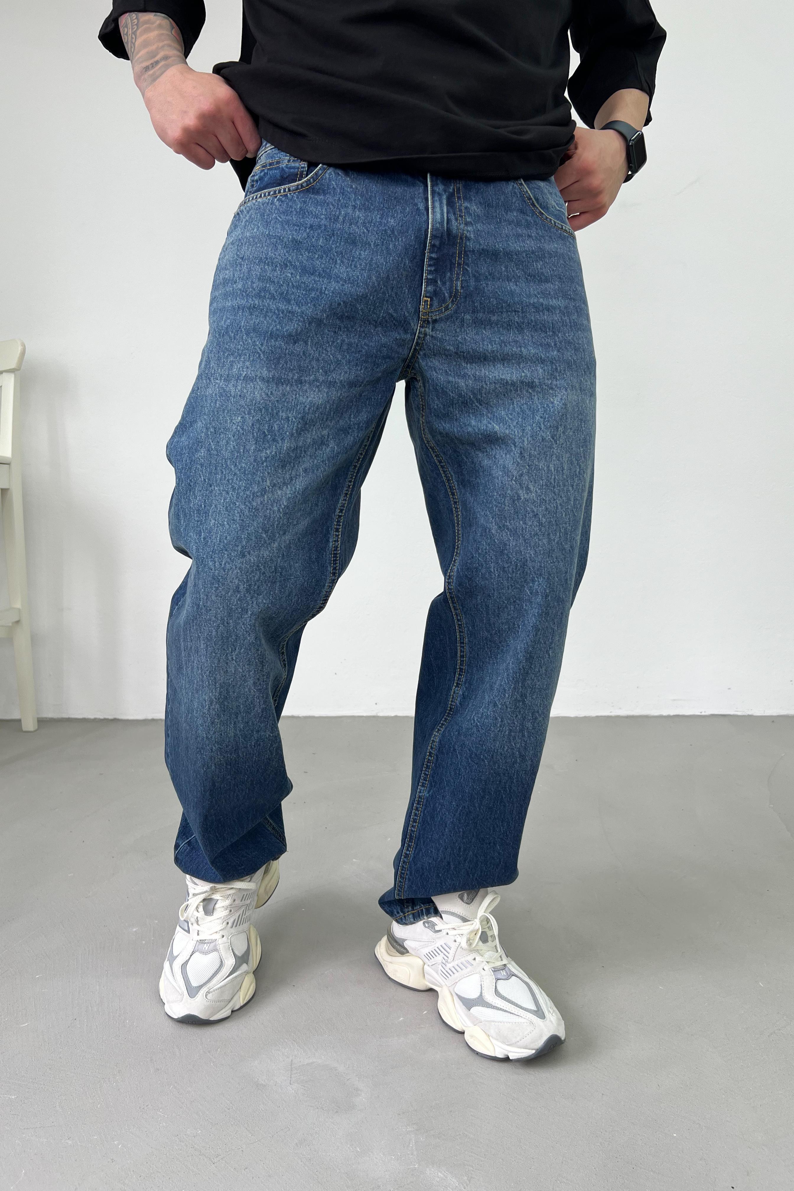 Taşlamalı Koyu Mavi Baggy Pantolon 16571-4