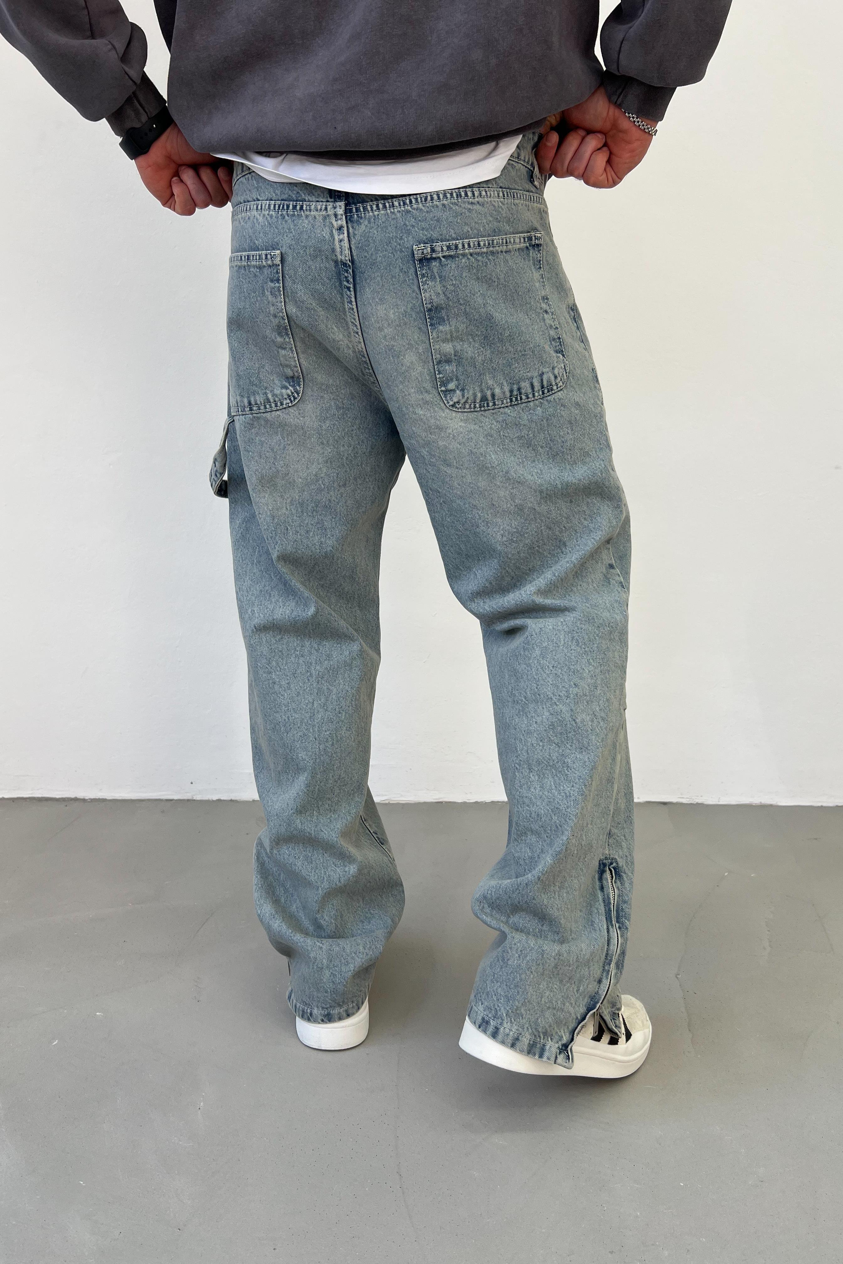 Paçası Fermuarlı Eskitme Mavi Baggy Pantolon 2884-3