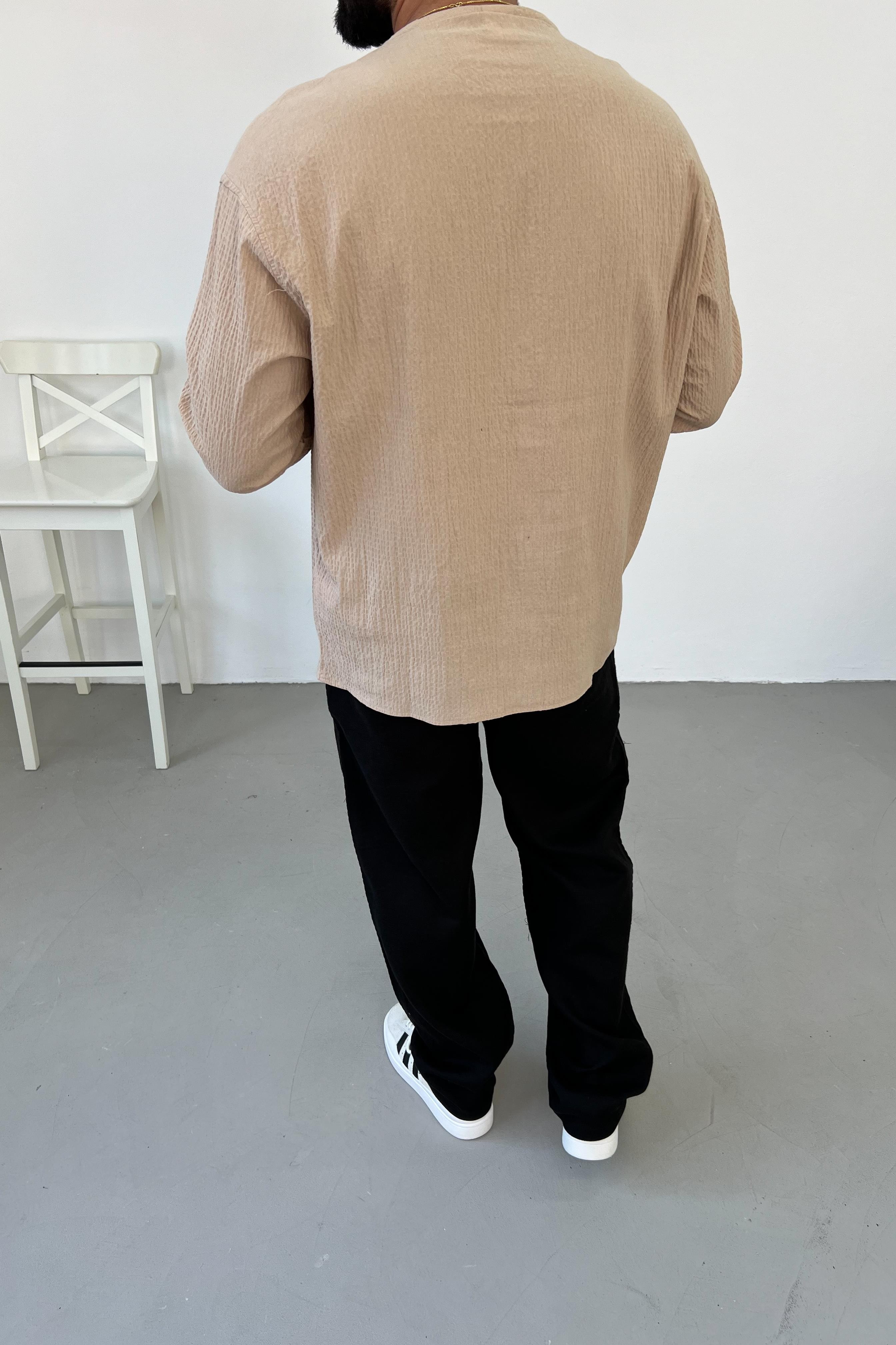 Müslin Kumaş Kahve Oversize Yakasız Gömlek 127