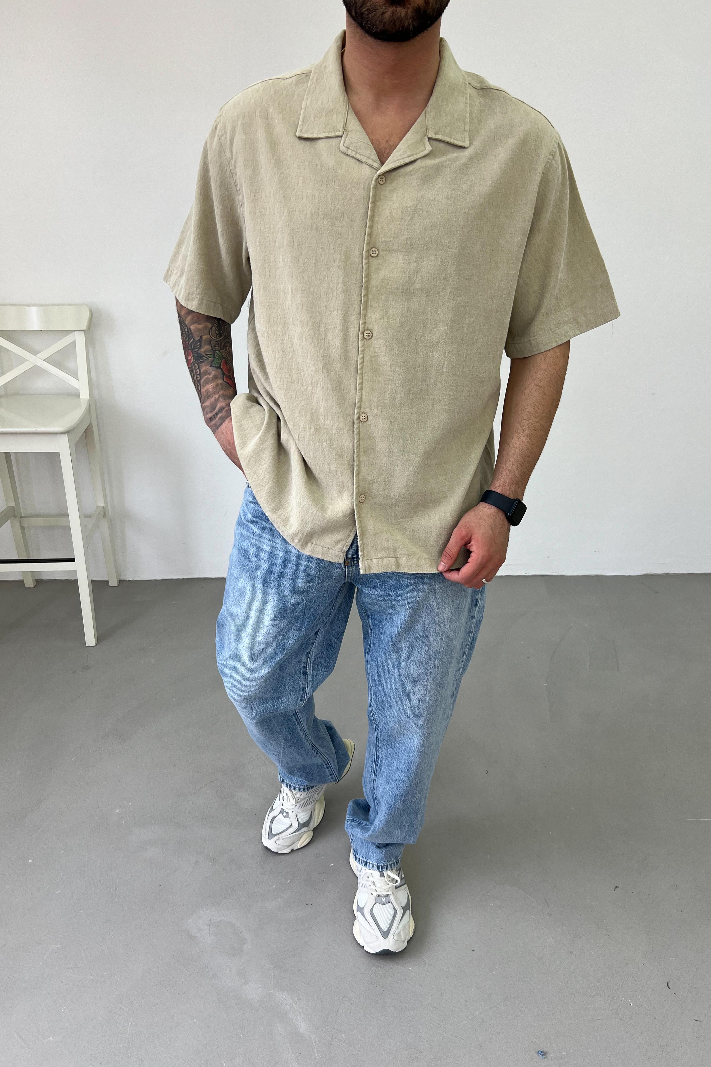 Oversize Basic Keten Gömlek 40-15 - Yeşil