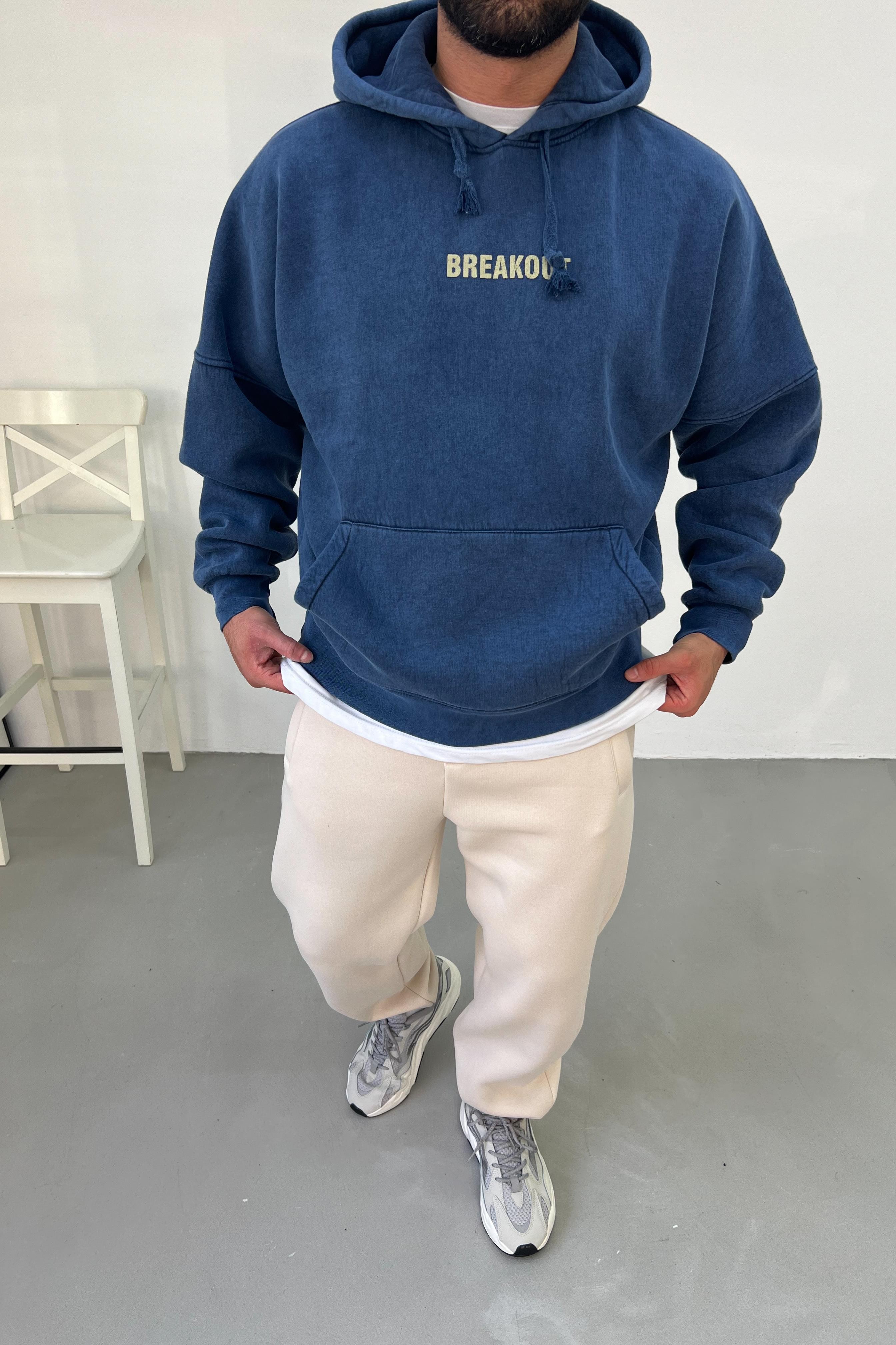 Breakout Baskılı Yıkamalı Oversize Mavi Sweatshirt 203