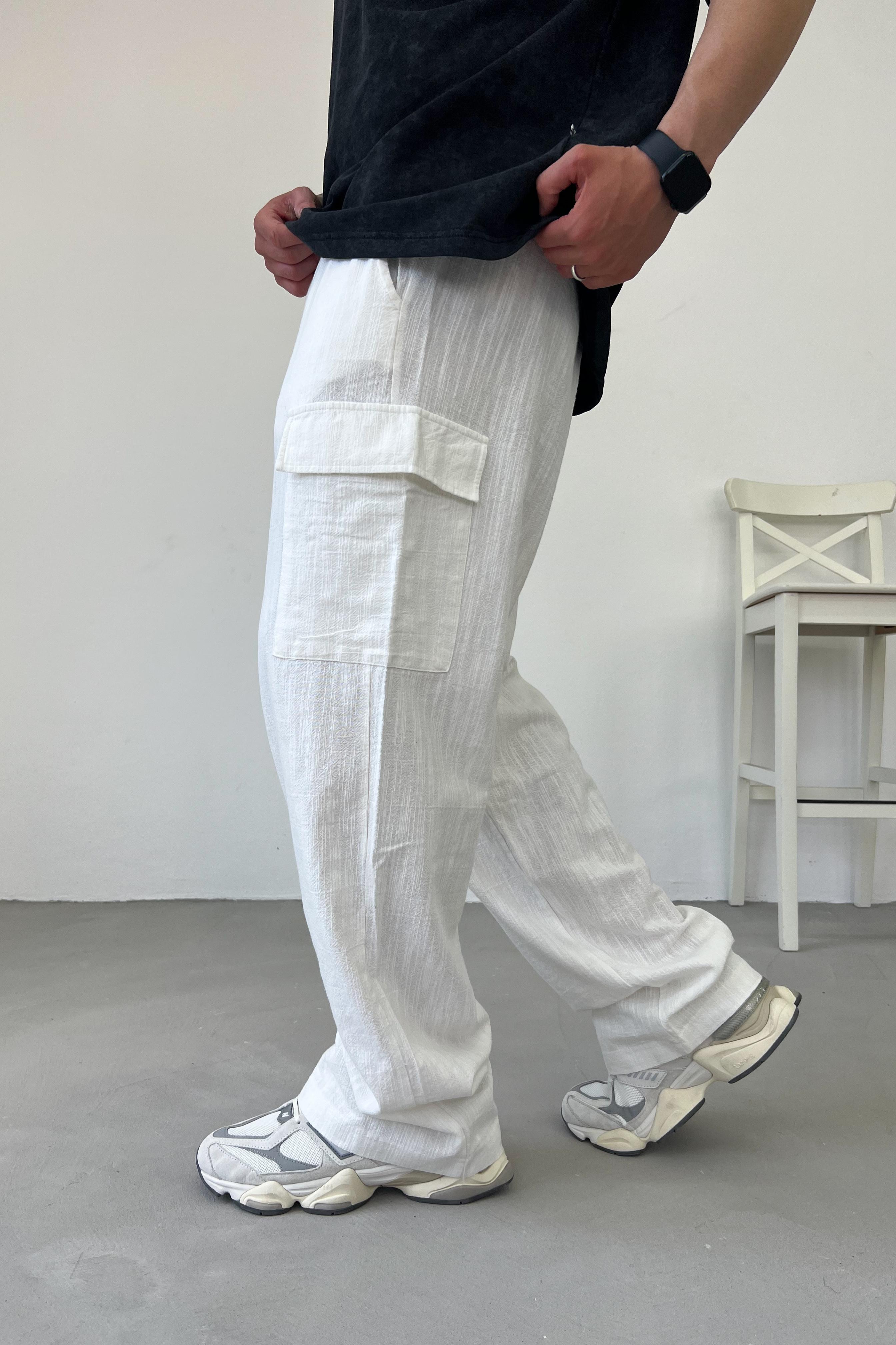 Keten Kargo Baggy Pantolon 70-136 - Beyaz