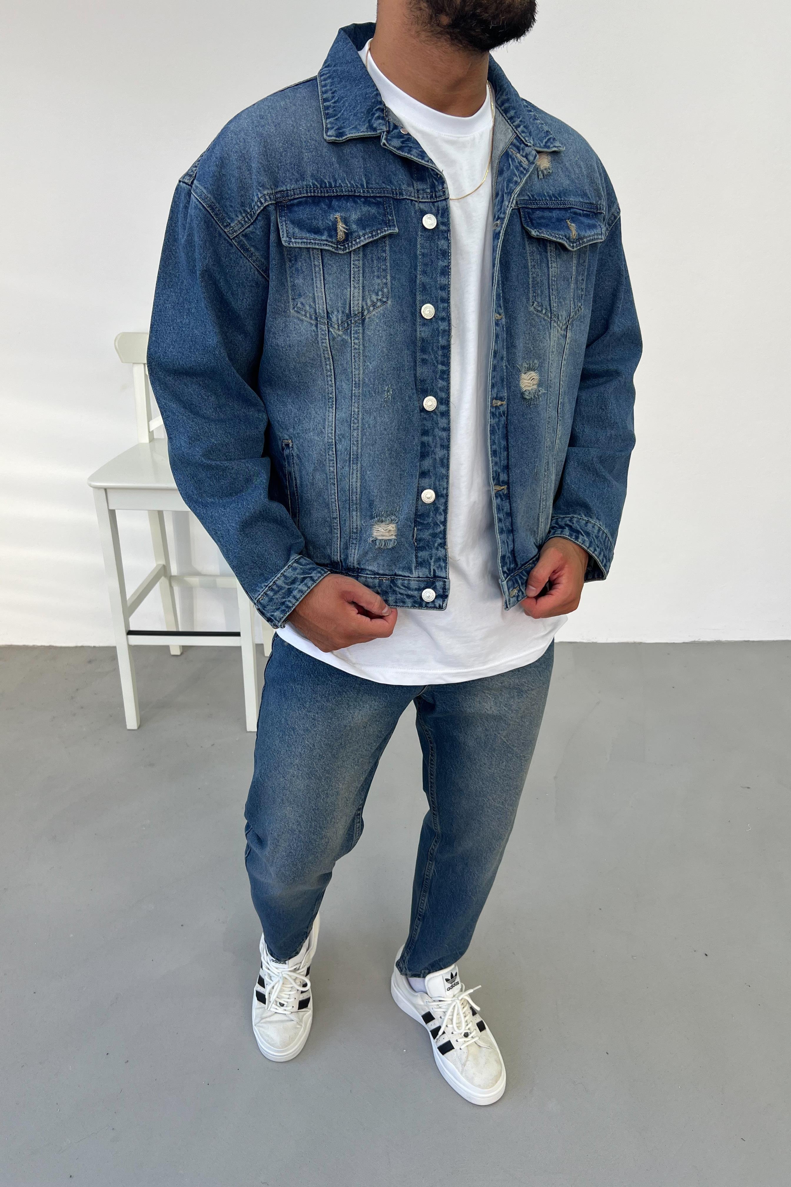 Lazer Detaylı Eskitme Mavi Oversize Kot Ceket 505