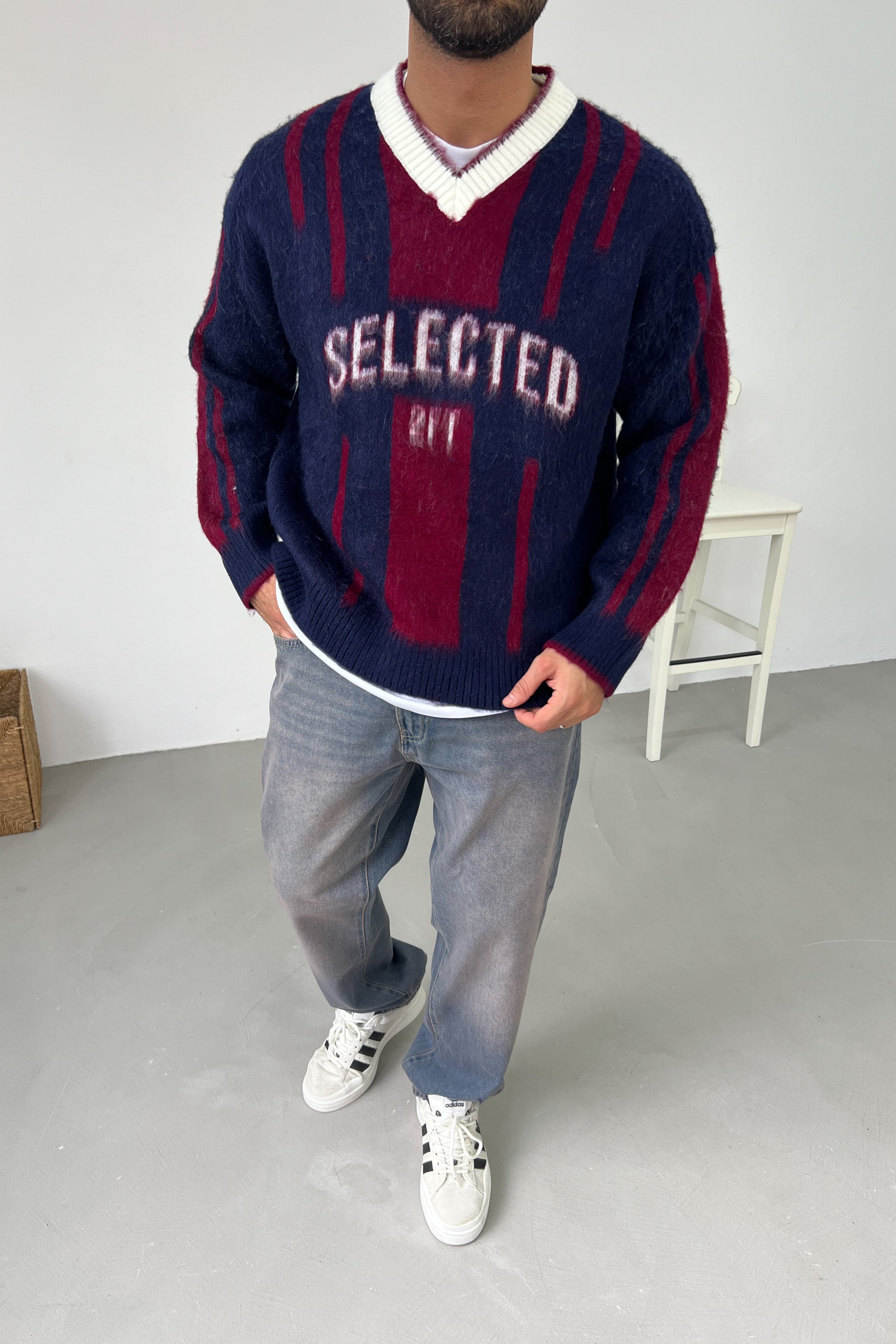 Selected Yazılı Oversize Triko 1001 - Lacivert - Bordo