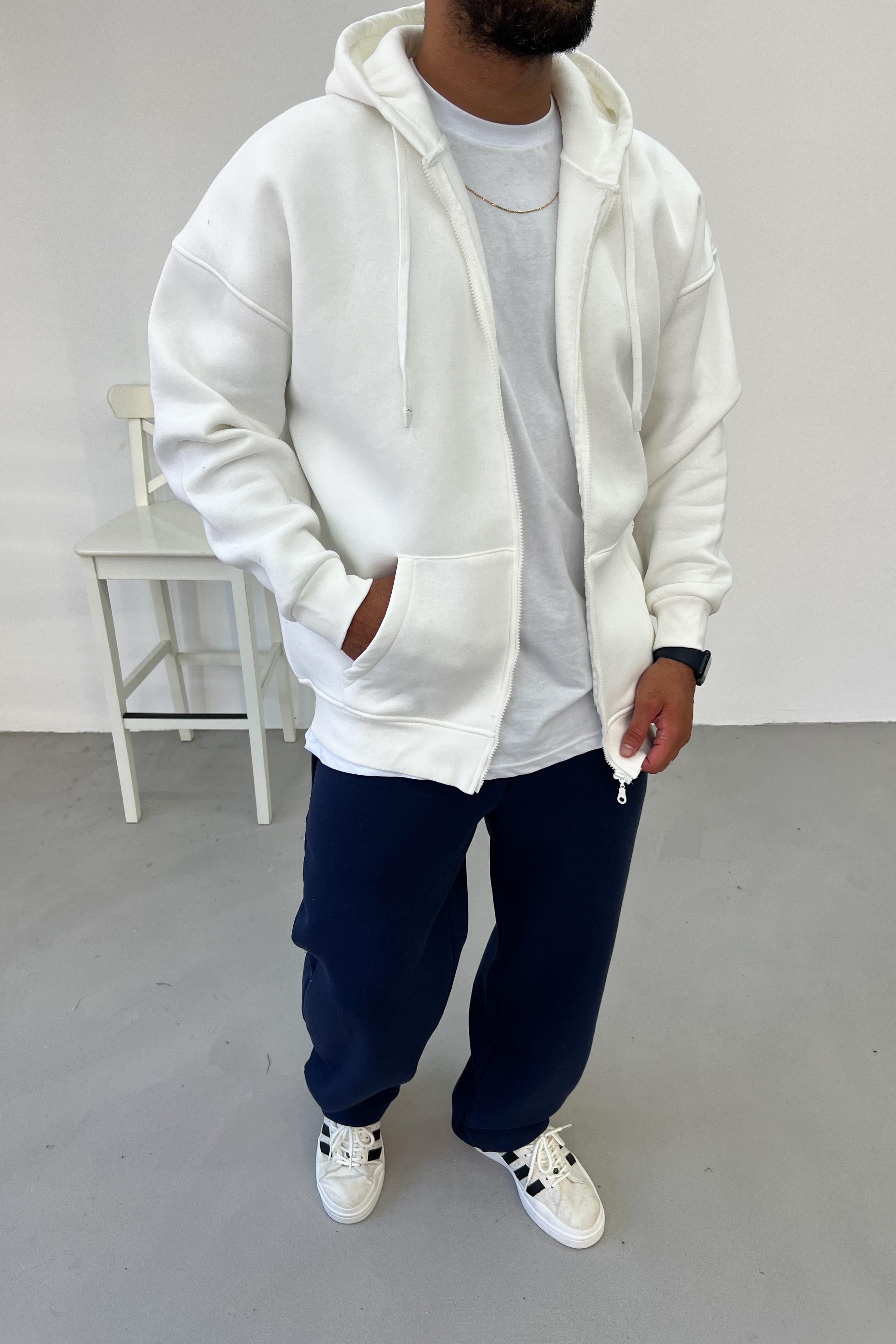 Fermuarlı Oversize Beyaz Basic Sweatshirt 1375
