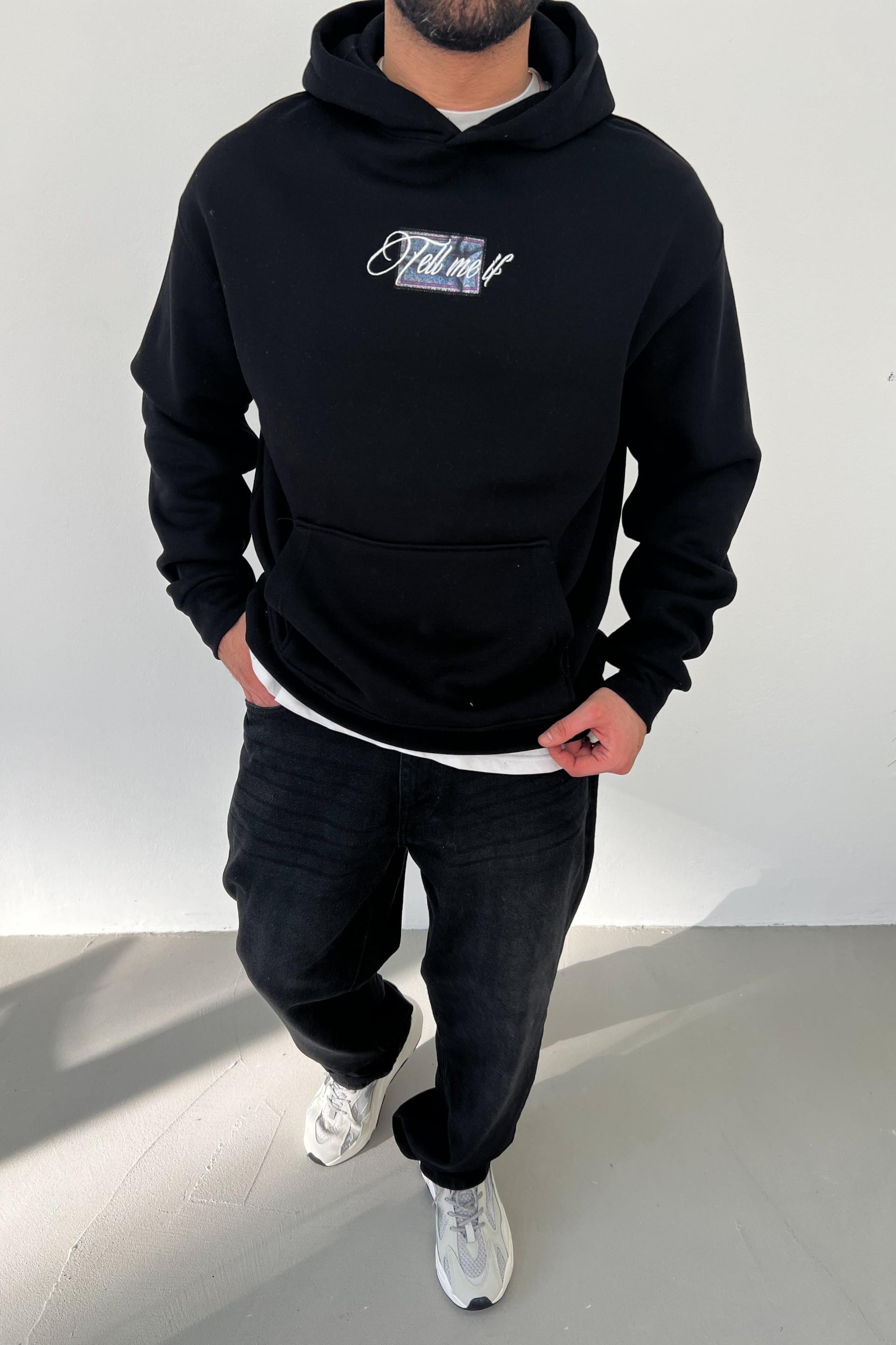 Tell Me Motifli Oversize Siyah Sweatshirt 1015