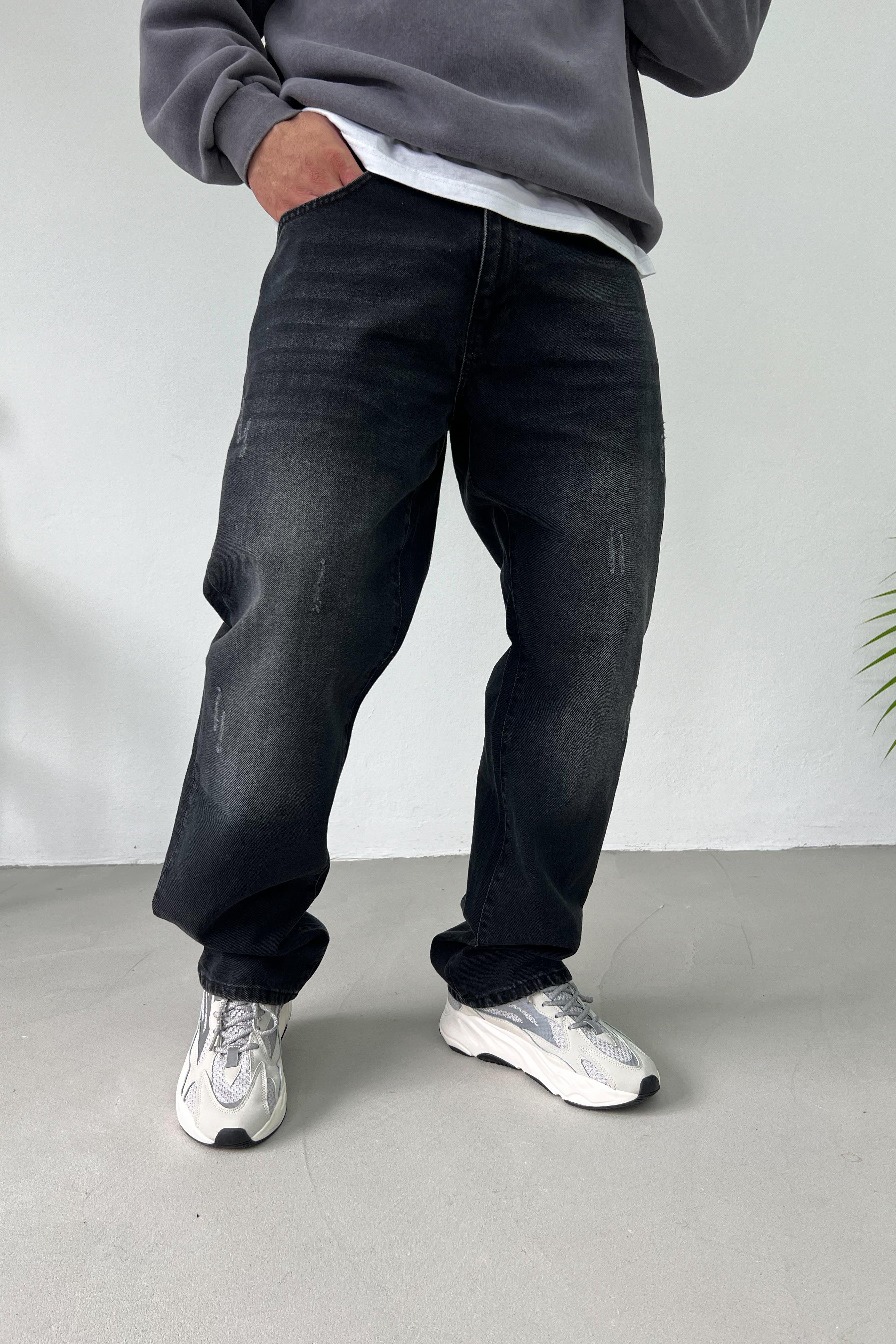 Yırtık Detaylı Taşlamalı Füme Baggy Pantolon 16583-3