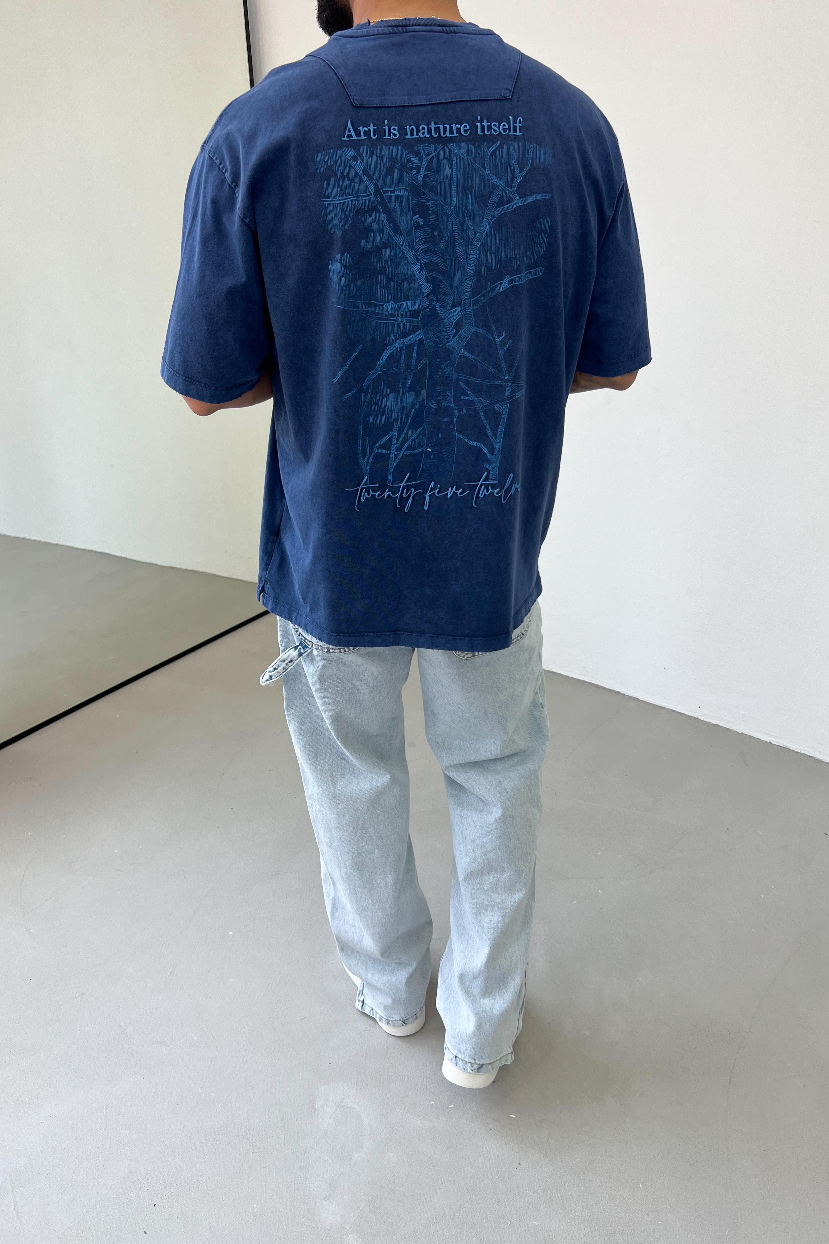 El Çizim Desenli Yıkamalı Oversize Tshirt 1176 - Mavi