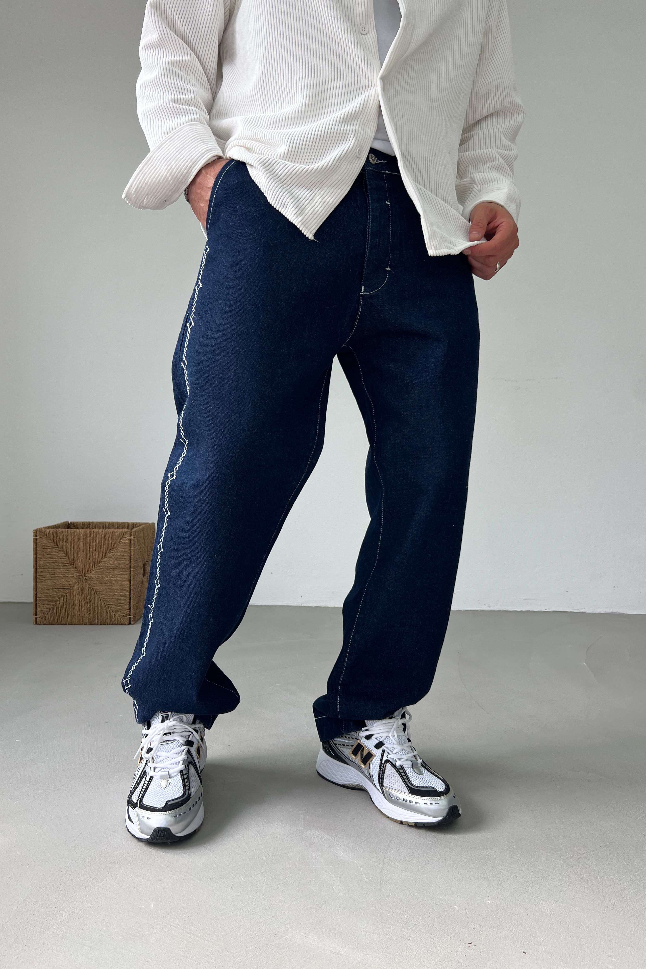 Nakış Desenli Lacivert Baggy Pantolon 3172