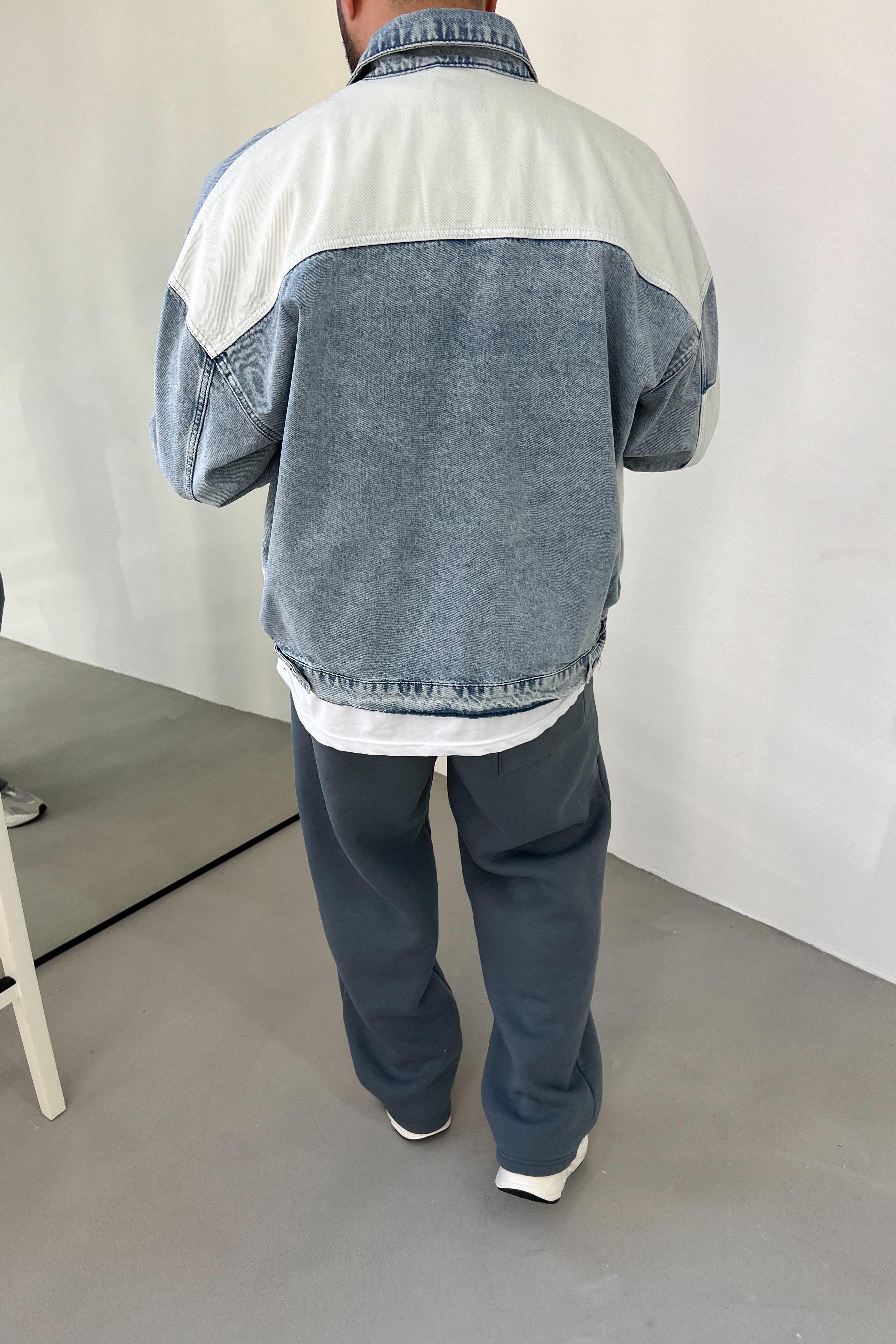 Ekru Parçalı Oversize Mavi Kot Ceket 16558-STD