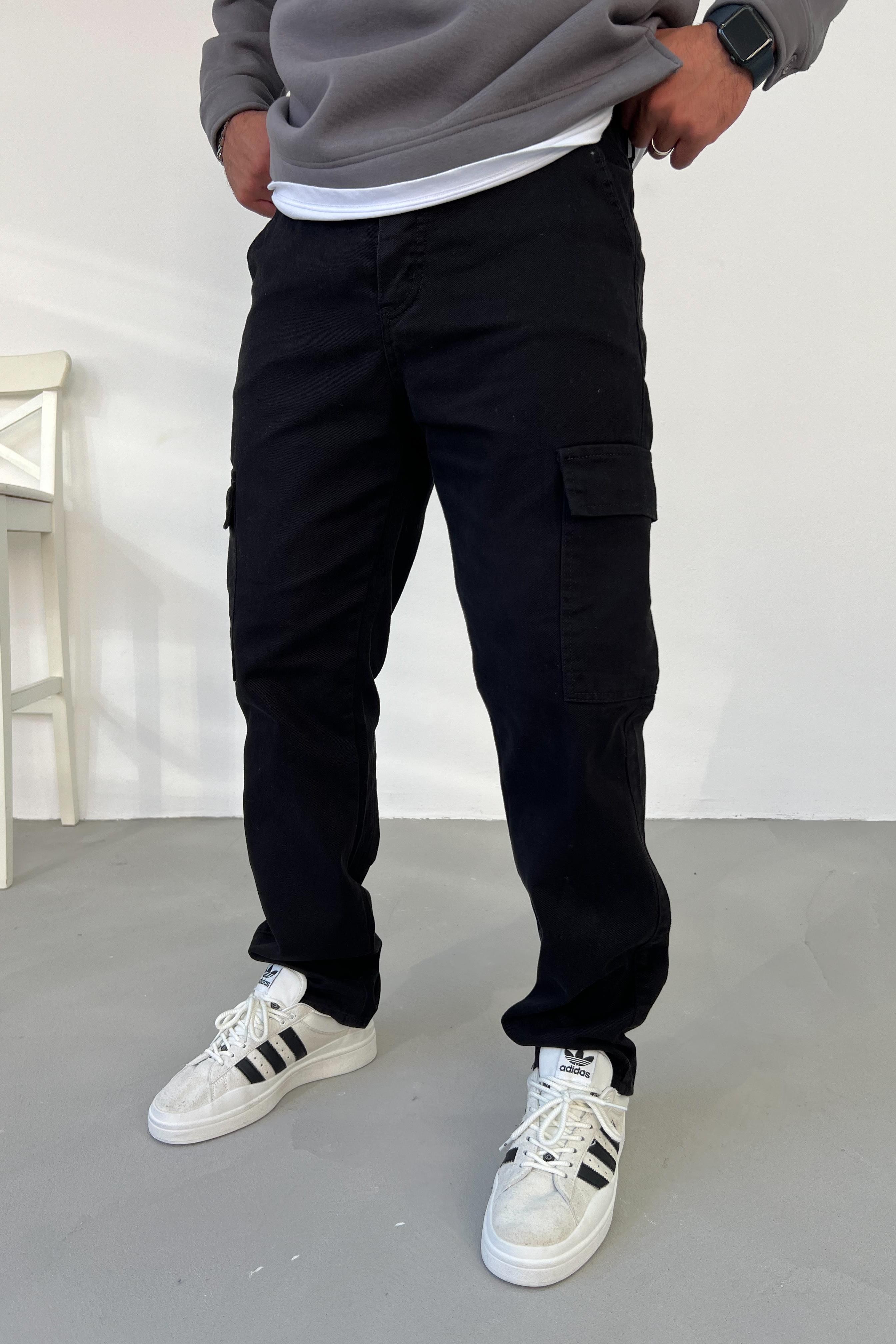 Gabardin Kumaş Siyah Kargo Baggy Pantolon 2225