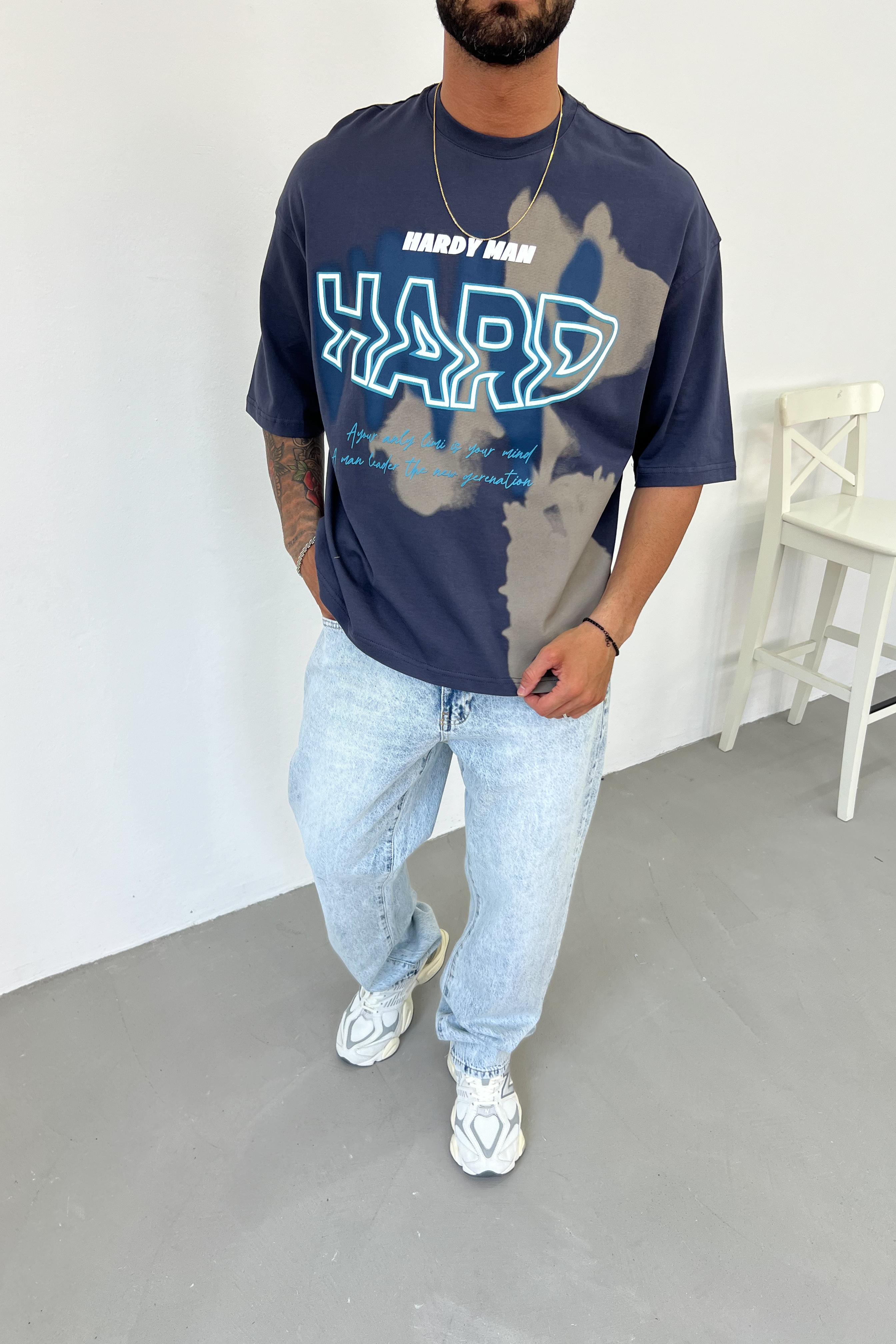 Hardy Man Baskılı Oversize Tshirt Y2501 - Lacivert