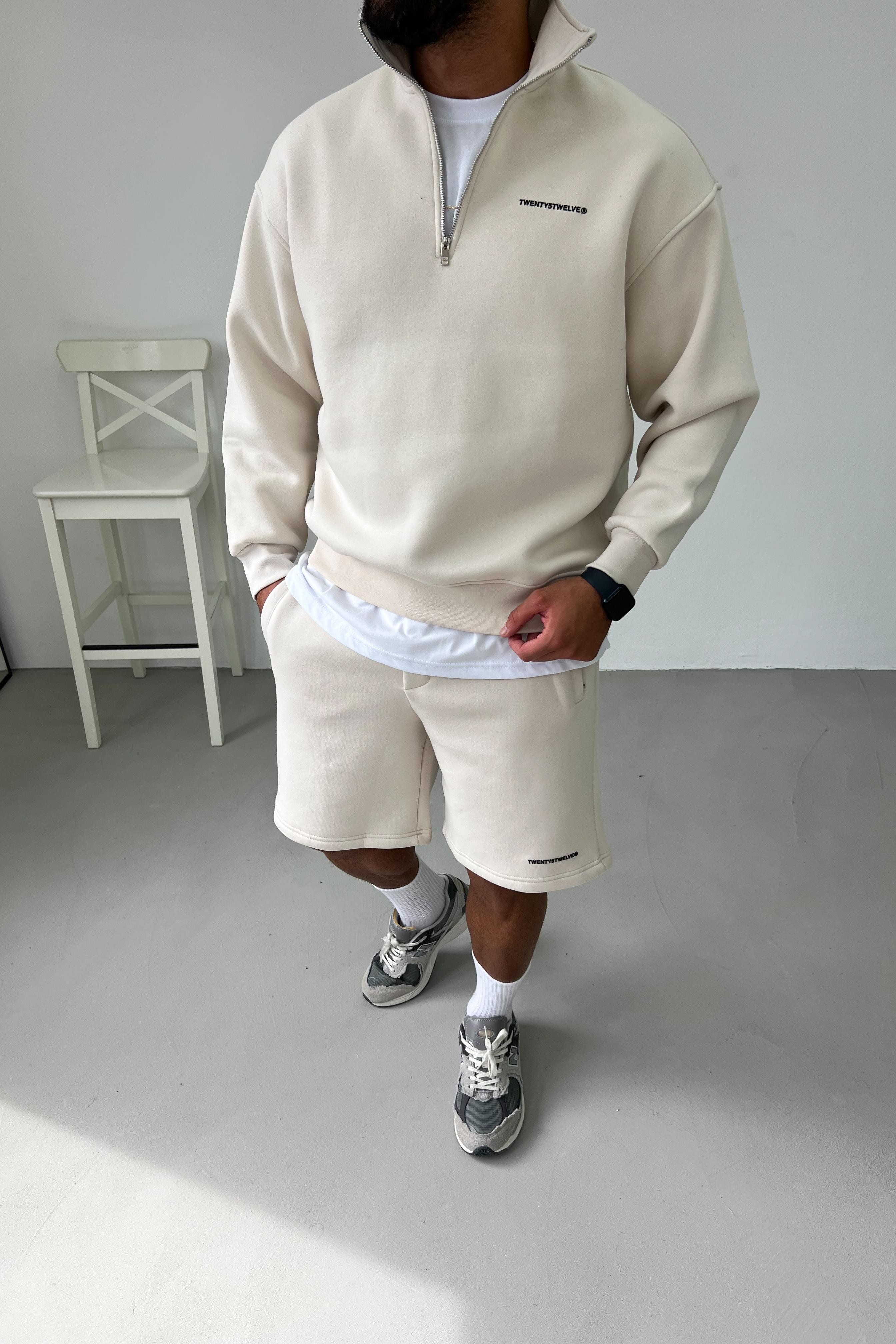Enjeksiyon Baskılı Yarım Fermuarlı Oversize Bej Sweatshirt 1528
