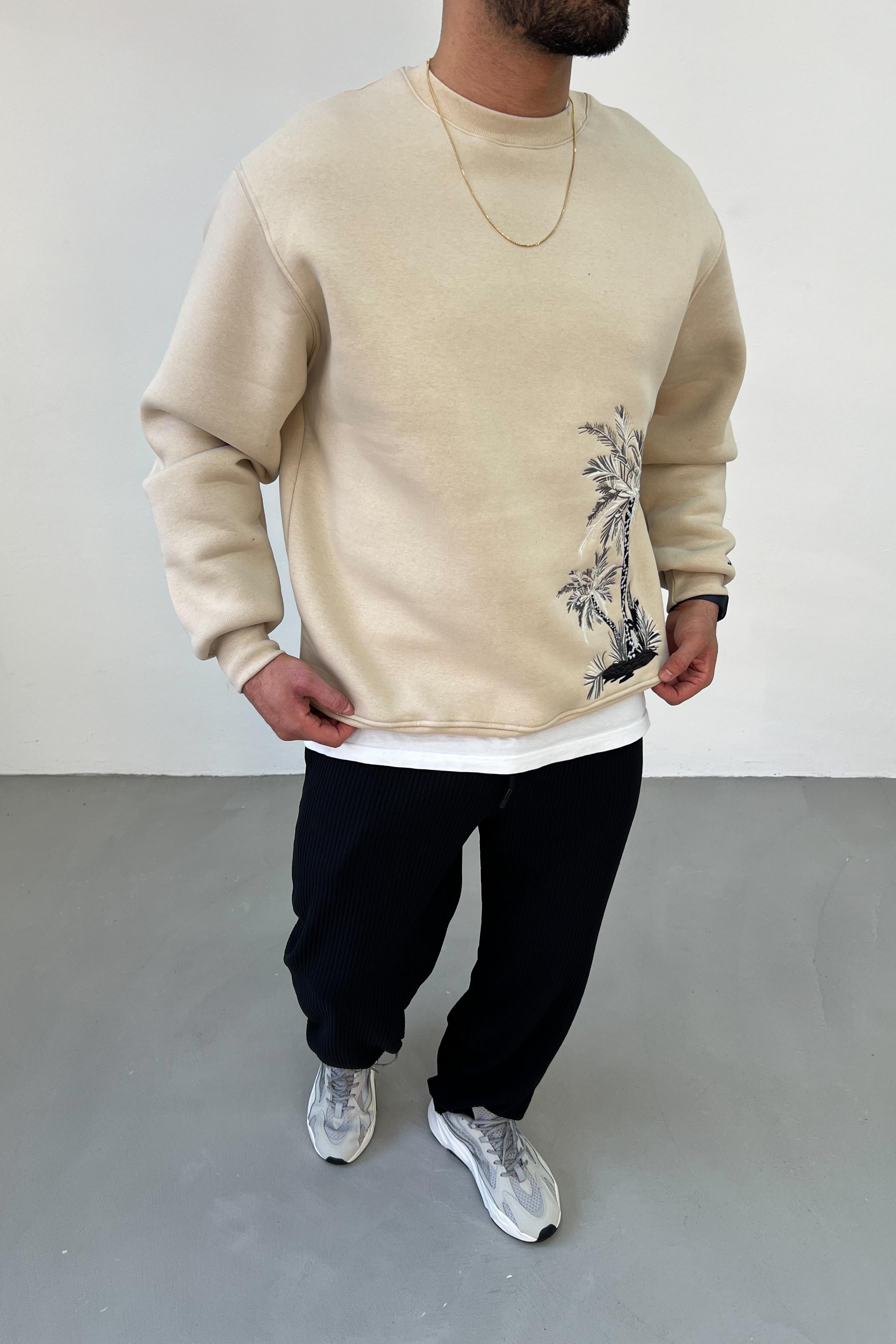 Palm Nakışlı Bej Oversize Sweatshirt 5063