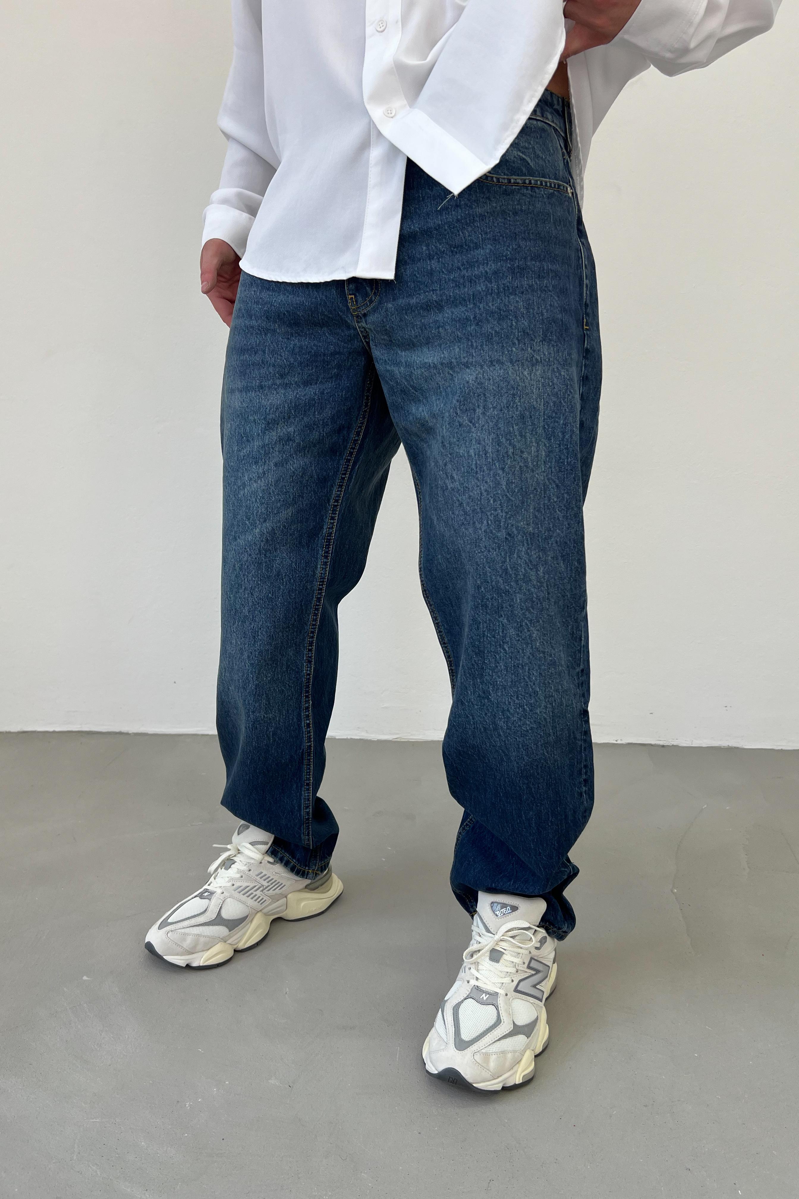 Taşlamalı Koyu Mavi Baggy Pantolon 16571-4