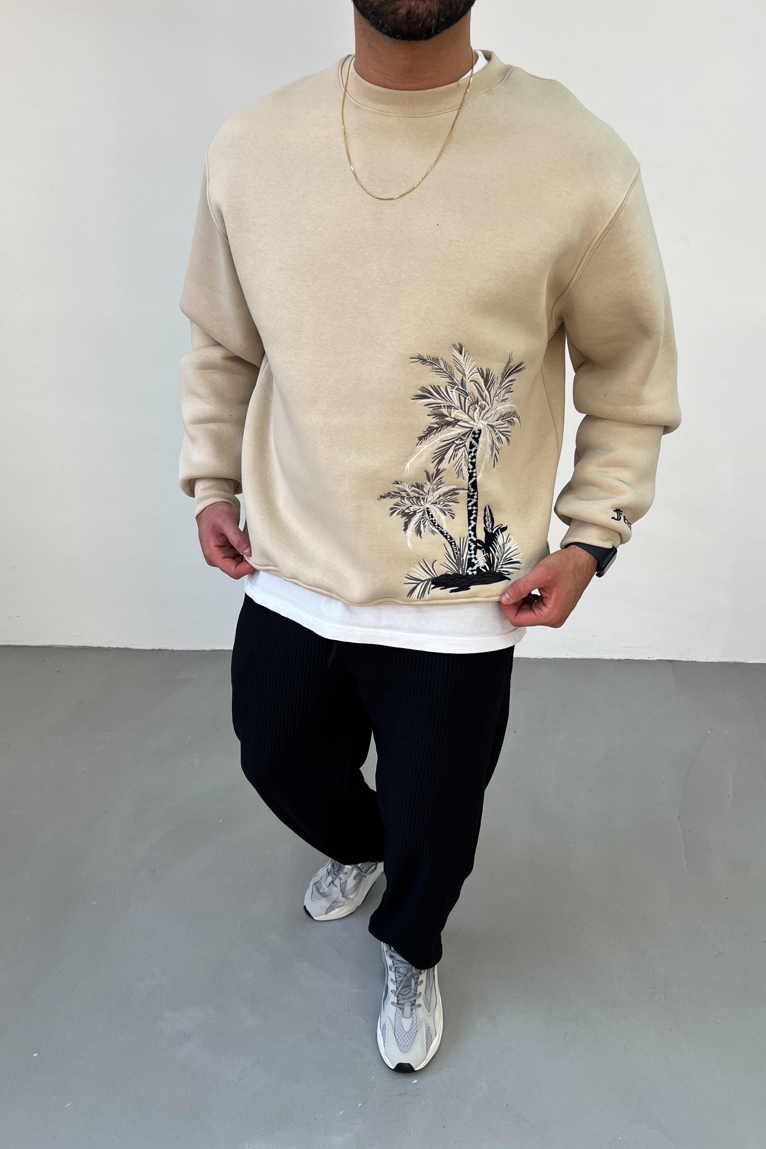 Palm Nakışlı Bej Oversize Sweatshirt 5063