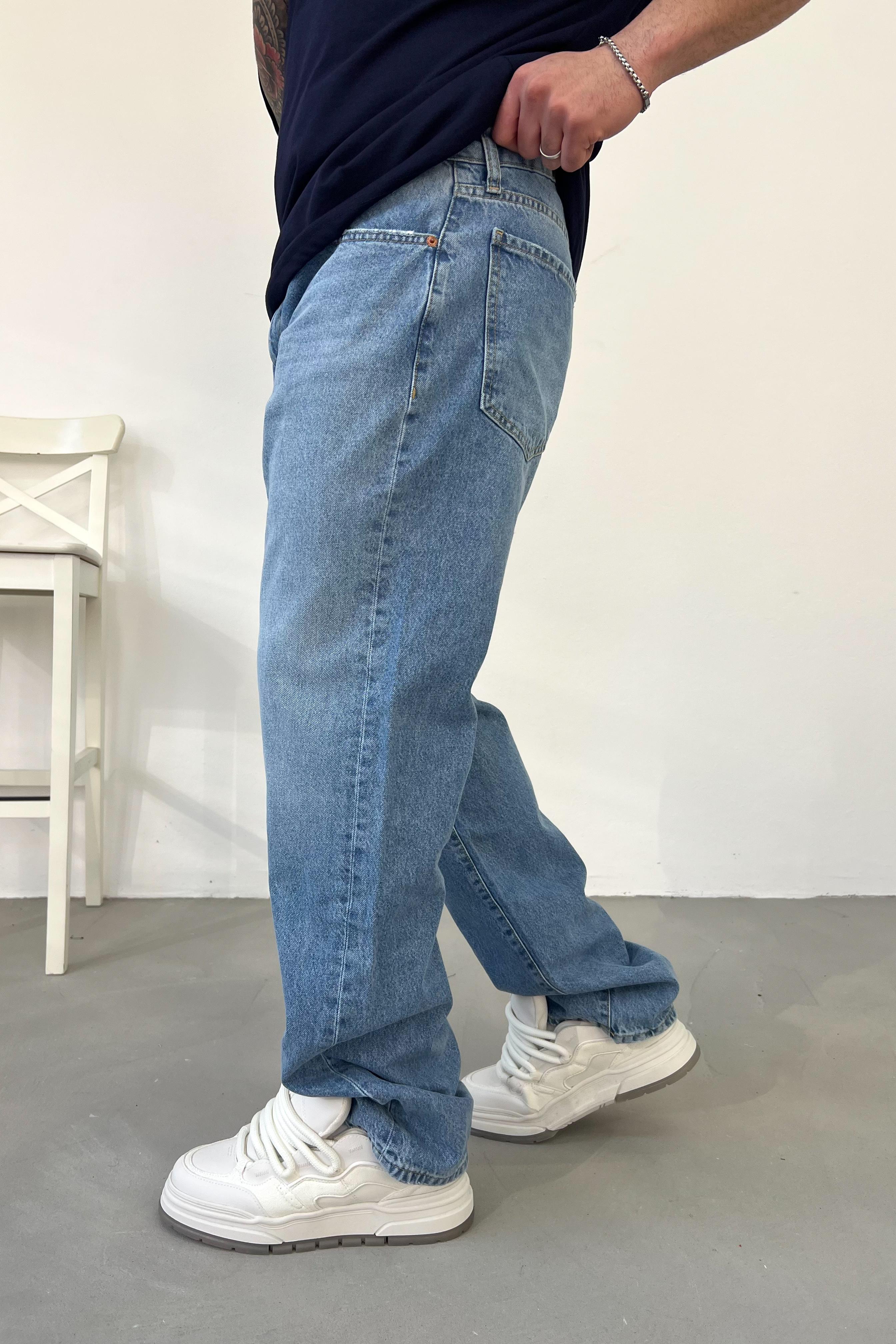 Taşlamalı Mavi Baggy Pantolon 16619-STD