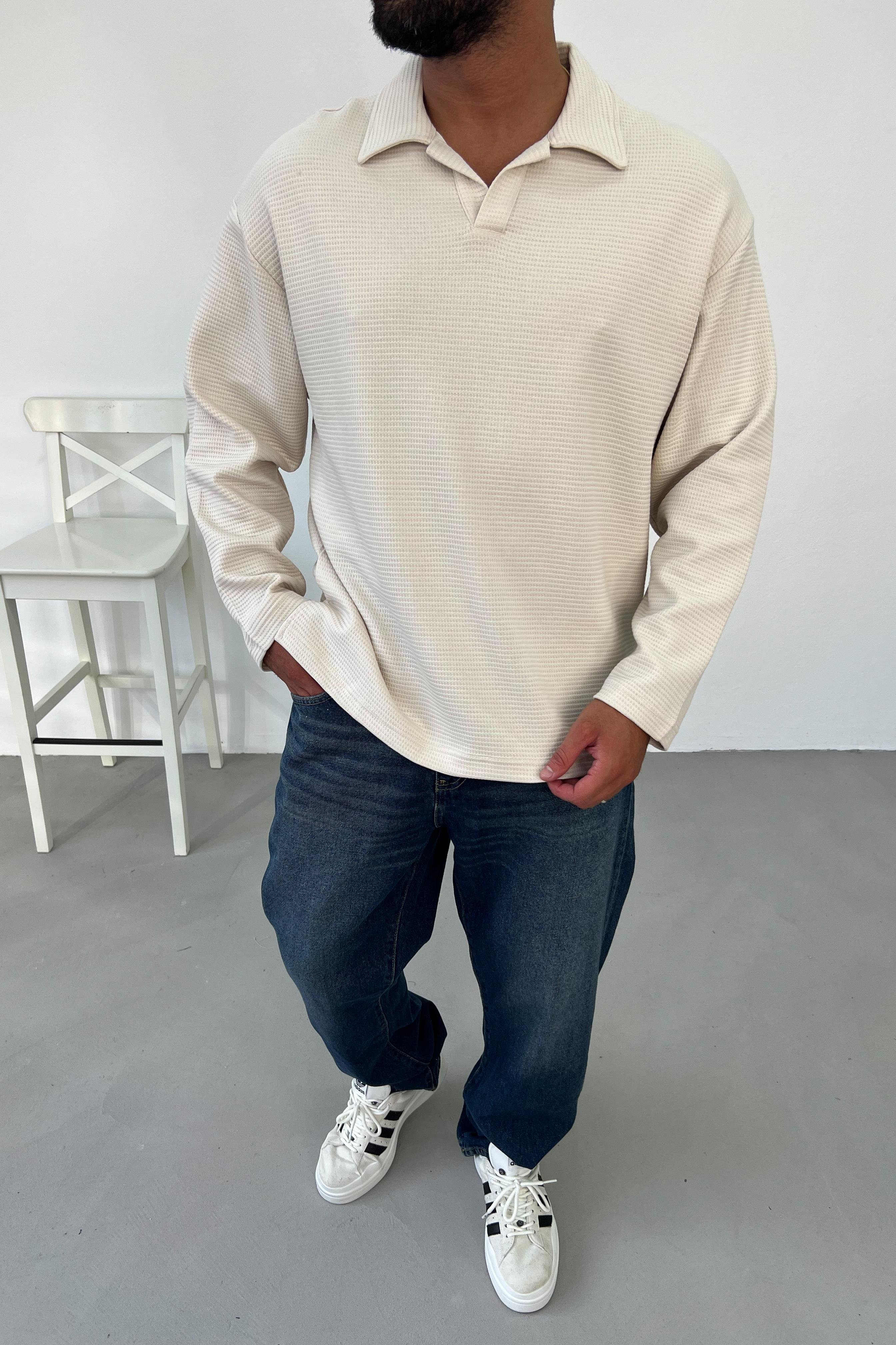 Waffle Kumaş Bej Polo Yaka Oversize Sweatshirt 1572