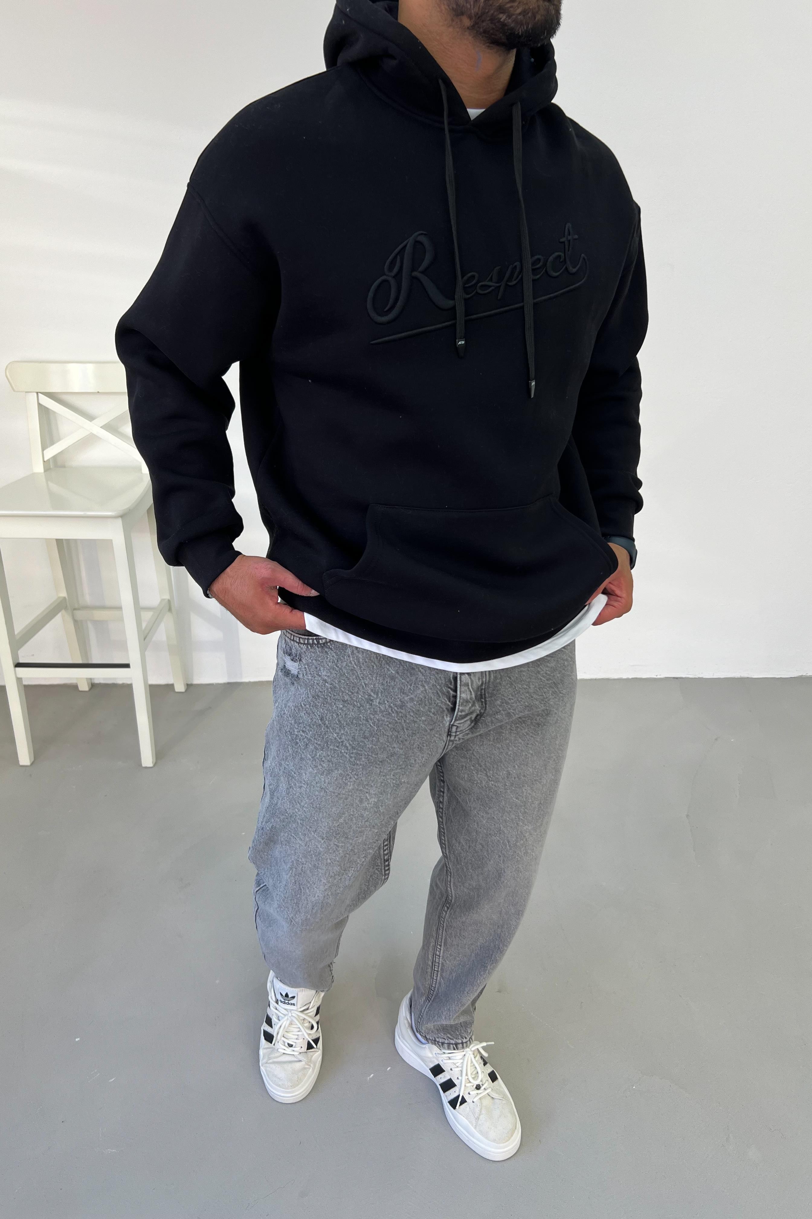 Respect Nakışlı Siyah Oversize Sweatshirt 1171