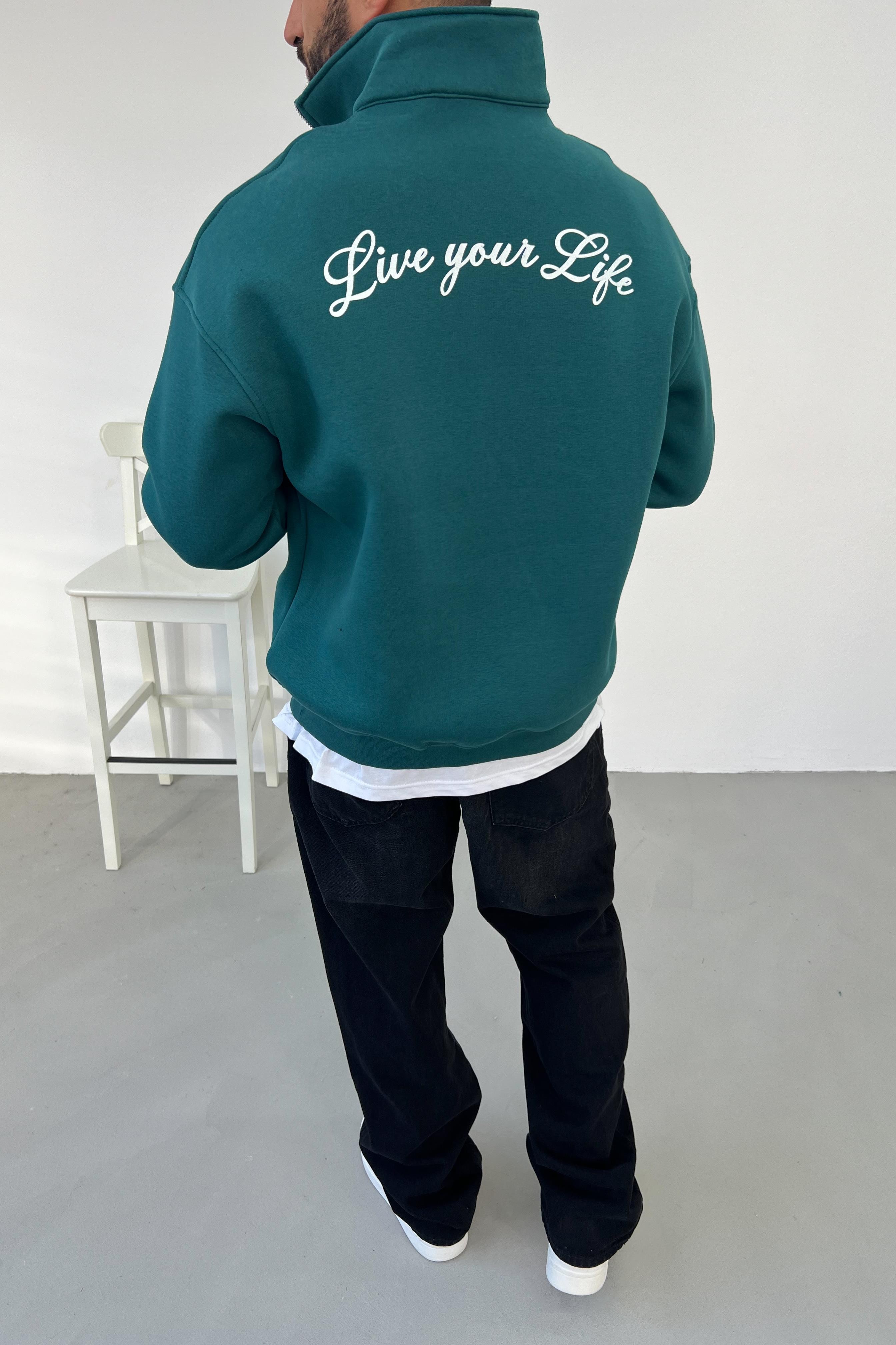 Live Your Life Baskılı Yeşil Oversize Sweatshirt 15