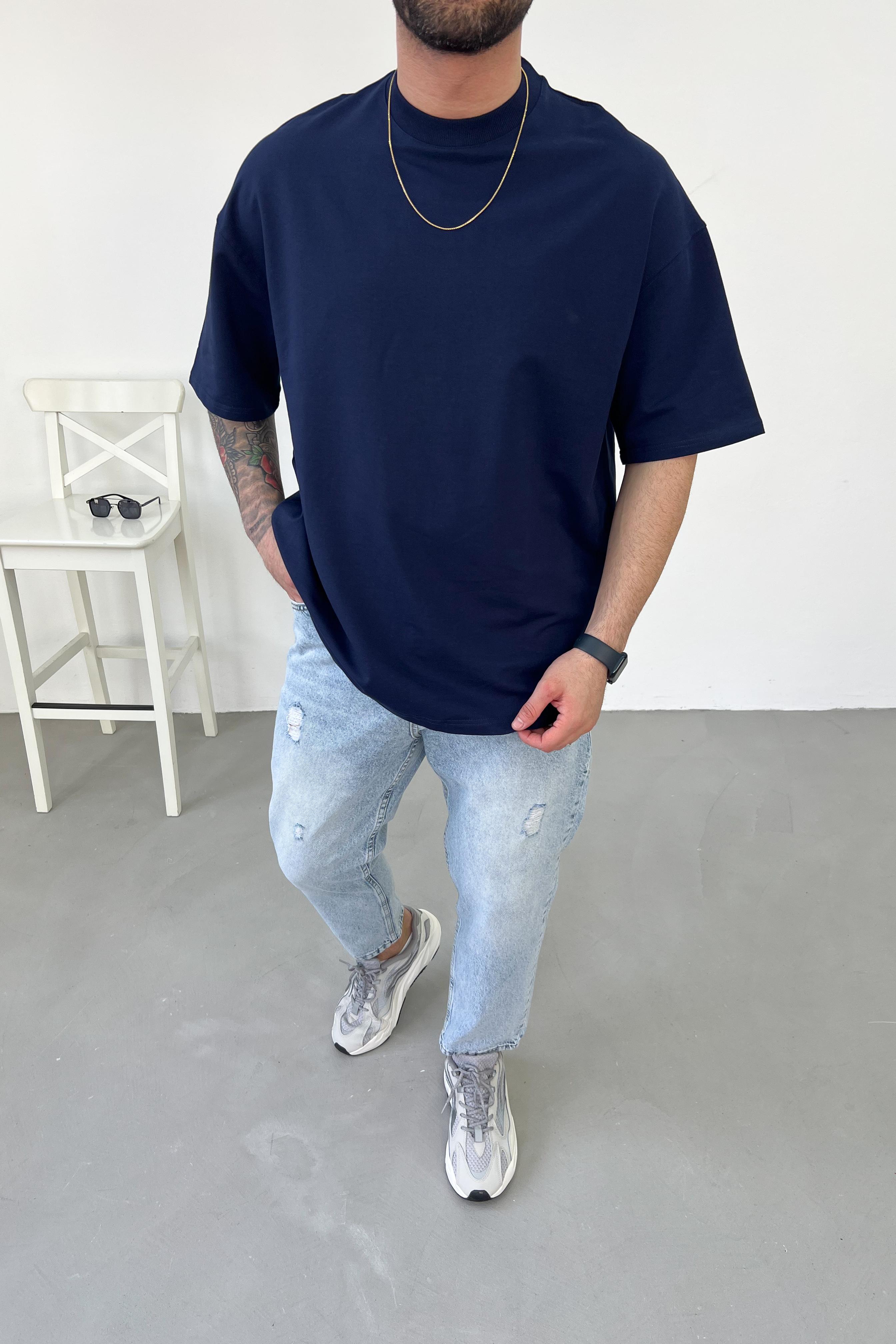 2 İplik Oval Oversize Basic Tshirt 2540 - Lacivert