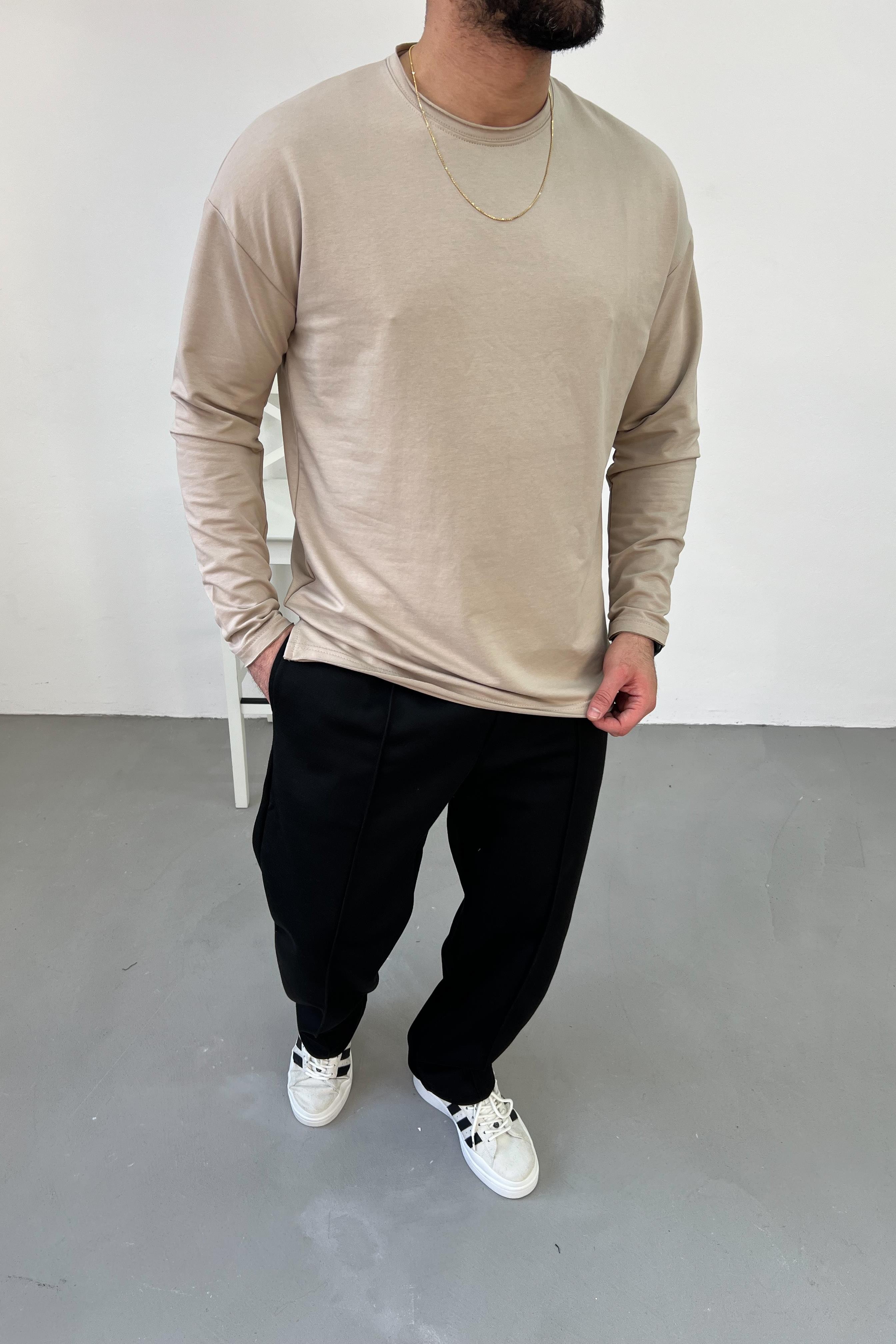 2 İplik Bej Oversize Basic Sweatshirt 0595